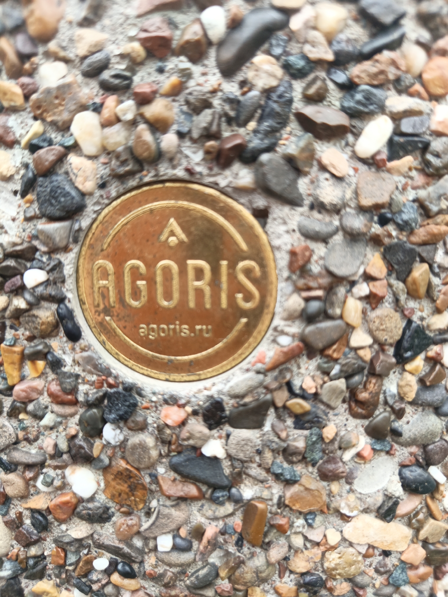 A close-up, eye-level, outdoor shot shows a bronze medallion embedded in a wall made of small pebbles and concrete. The medallion is circular and has the word "AGORIS" engraved in large, bold letters across its center, with a small triangular symbol above it. Below "AGORIS" is smaller text reading "agoris.ru". The medallion is slightly worn and has a coppery patina. The surrounding wall is textured with various sizes and colors of smooth, rounded pebbles, including shades of gray, brown, orange, white, and black, interspersed with grey concrete. The focus is sharp on the medallion and the immediate surrounding pebbles, with the background pebbles becoming increasingly blurred.
