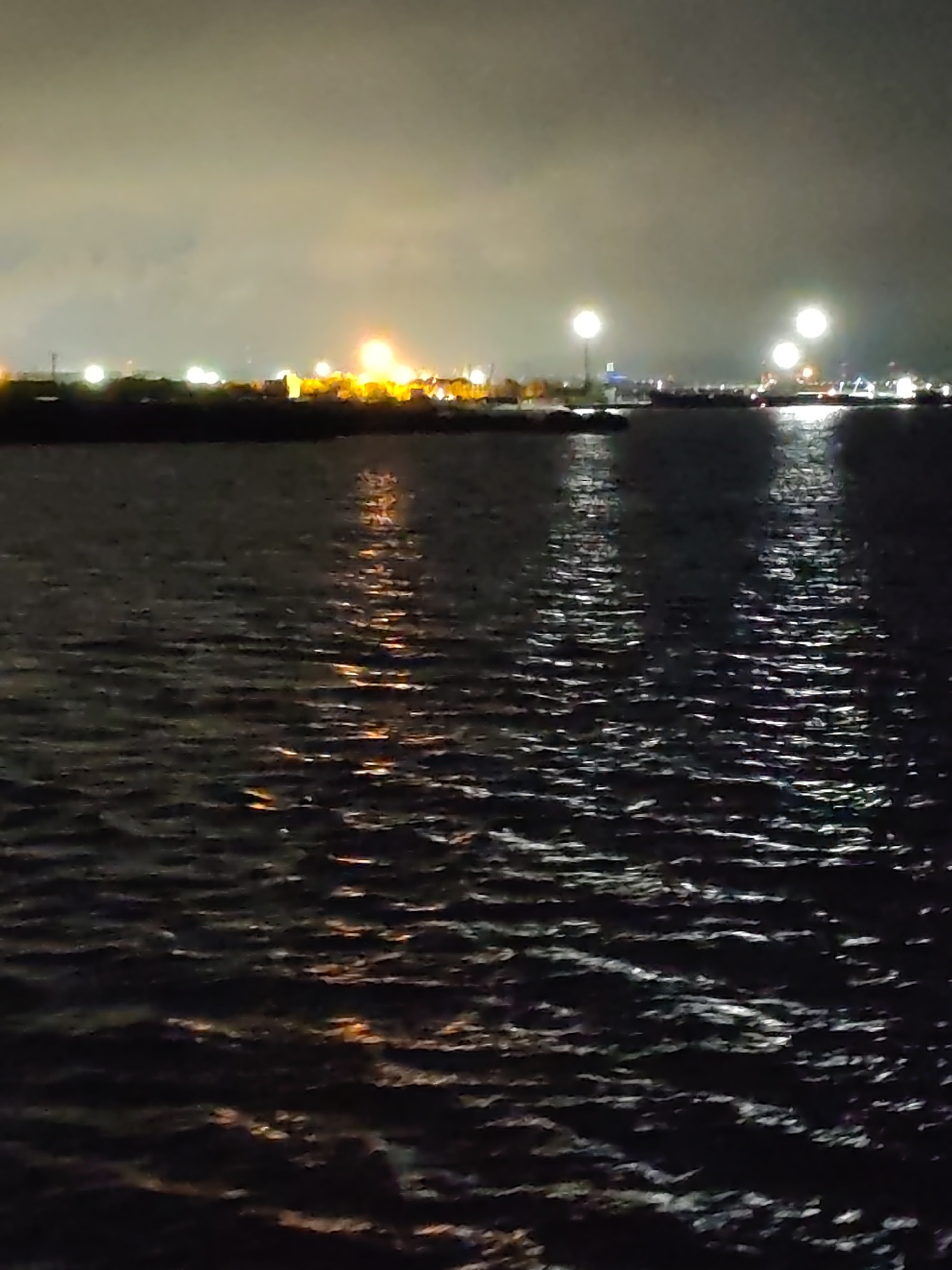 A body of water reflects the light from buildings in the distance. The buildings appear as blurred points of light against a dark sky. The water surface is rippled, creating distorted reflections. The location is in the city of Unknown, Unknown.