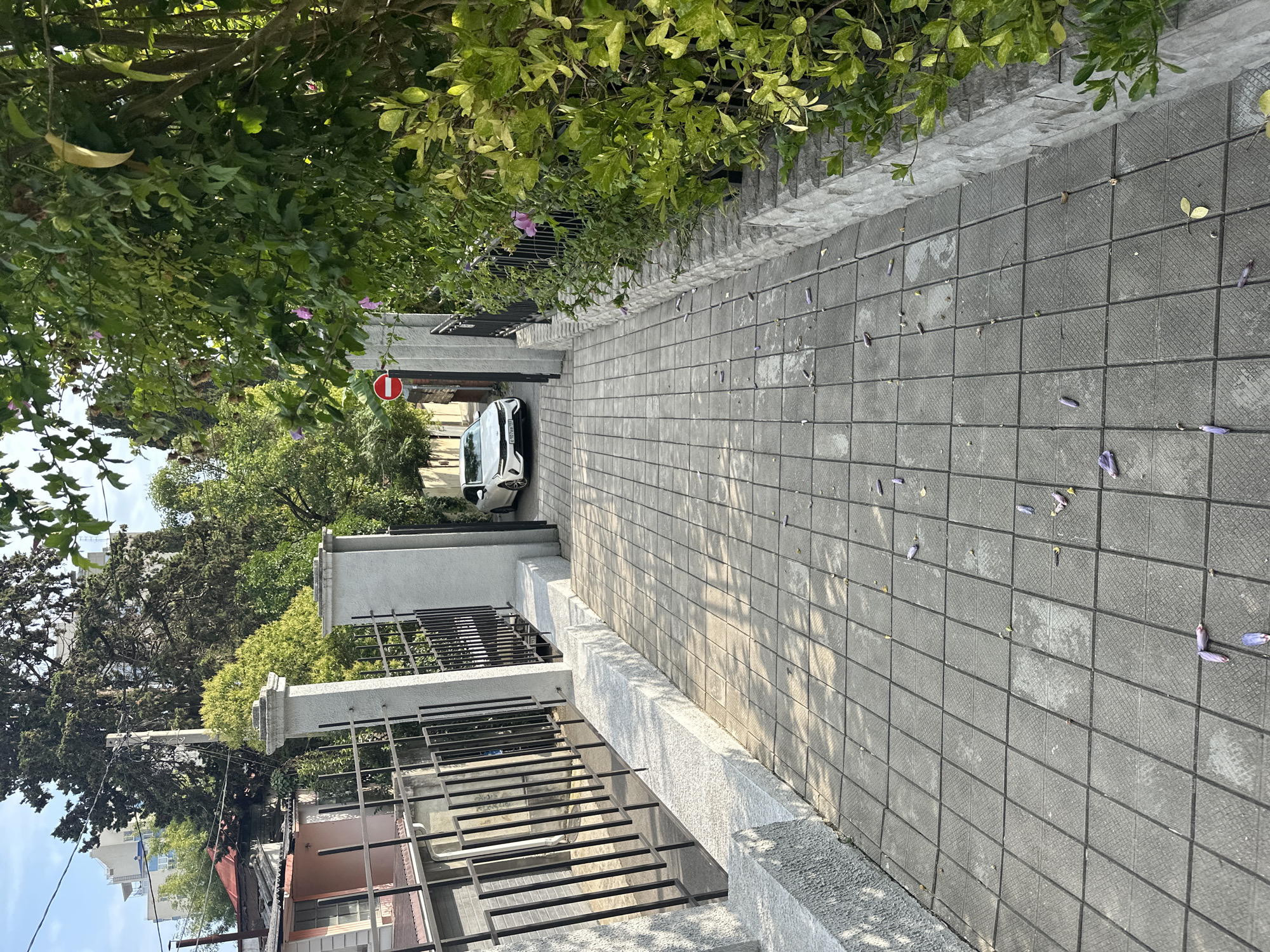 The image depicts a paved walkway leading towards a white car parked in front of an entrance, likely in a residential area. The walkway is made of square gray tiles with a checkered pattern, and scattered petals are visible on the ground. On the left side of the walkway, there is a black metal fence and a light-colored wall. On the right side, lush green foliage and some flowering plants form a dense hedge, bordered by a stone wall. Behind the hedge, a sign with a red circle and a horizontal bar, indicating "no entry," is visible. The car appears to be a modern sedan with a license plate that suggests it is registered in Russia. The surrounding environment suggests a sunny day, with shadows cast on the walkway. The architecture of the buildings visible in the background, particularly the multi-story structure on the left, hints at a warm climate. Given the architectural style and vegetation, this scene could plausibly be located in the city of Sochi, Russia, a resort city on the Black Sea coast known for its mild climate and lush greenery.
