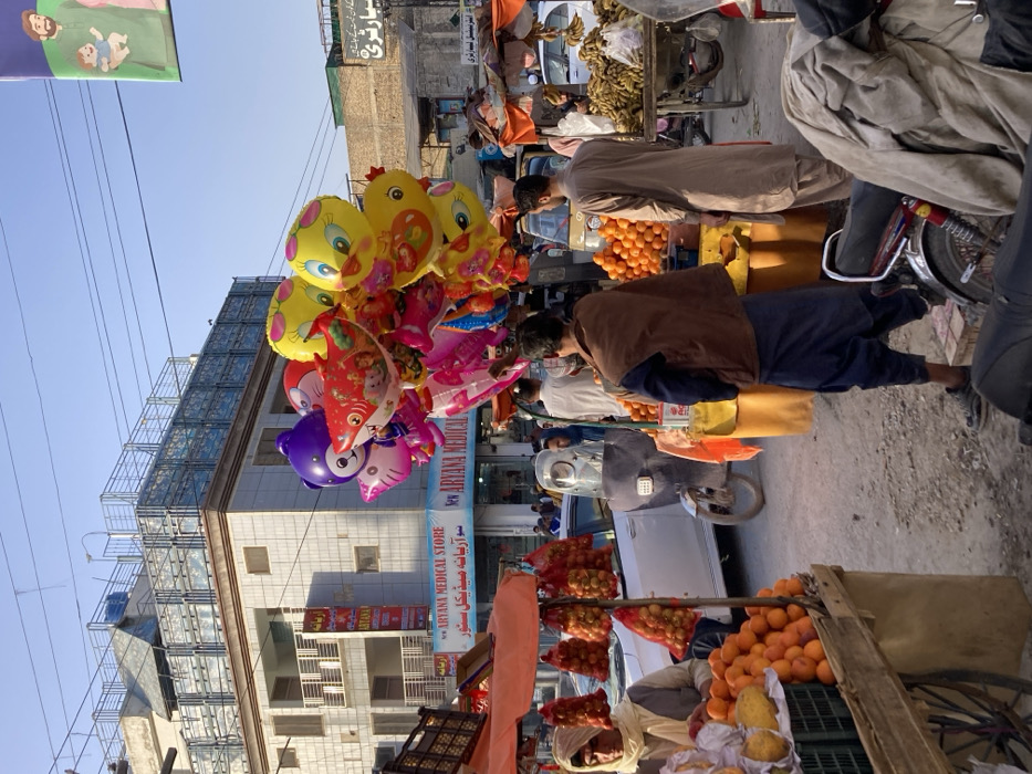 This image depicts an outdoor market scene located in Quetta City Tehsil, Pakistan, under clear daylight conditions.
In the mid-ground, a vendor's display features a prominent cluster of brightly colored foil balloons, including purple bear, red shark, yellow duck, and pink Hello Kitty designs. To the left of these balloons, a male vendor, wearing a light-colored head covering and garment, stands behind a fruit stall displaying crates of oranges and other produce, with multiple red mesh bags of oranges hanging from the stall's canopy. A white sedan is partially visible behind this stall.
To the right of the balloons, a market cart contains a substantial pile of bananas. Adjacent to this, another fruit stand displays loose oranges. Two male figures are present in this area: one with dark hair, wearing a brown vest over a dark traditional garment, stands with his back to the viewer, while another male, dressed in a light beige traditional garment, stands facing towards the left. A grey covered scooter, equipped with a large transparent windshield, is parked between the fruit stalls.
The background features a multi-story building with a white tiled facade. Its ground floor prominently displays "ARYANA MEDICAL STORE" on blue signage in both English and Urdu/Pashto script. The building's rooftop is fitted with metal railings. Overhead, power lines are visible against the clear blue sky. A partial green banner, depicting a man holding a child, is visible in the upper right portion of the frame.