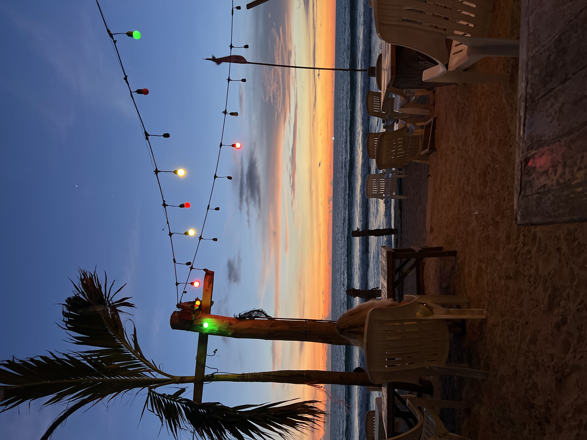 An outdoor seating area on a sandy beach is depicted at dusk. The sky displays a gradient of blues and oranges from the setting sun, with the ocean in the background showing gentle waves. A string of colorful lights, including green, red, and yellow bulbs, hangs overhead. A tall palm tree stands to the left, its fronds silhouetted against the sky. Several wooden tables and plastic chairs are arranged on the sand. In the foreground, a person with long blonde hair is seated at a table, facing away from the camera towards the ocean. Other tables and chairs are visible throughout the scene, some occupied by indistinct figures. A flagpole with a red flag stands to the right. The overall atmosphere is serene and suggestive of a beachfront restaurant or bar.