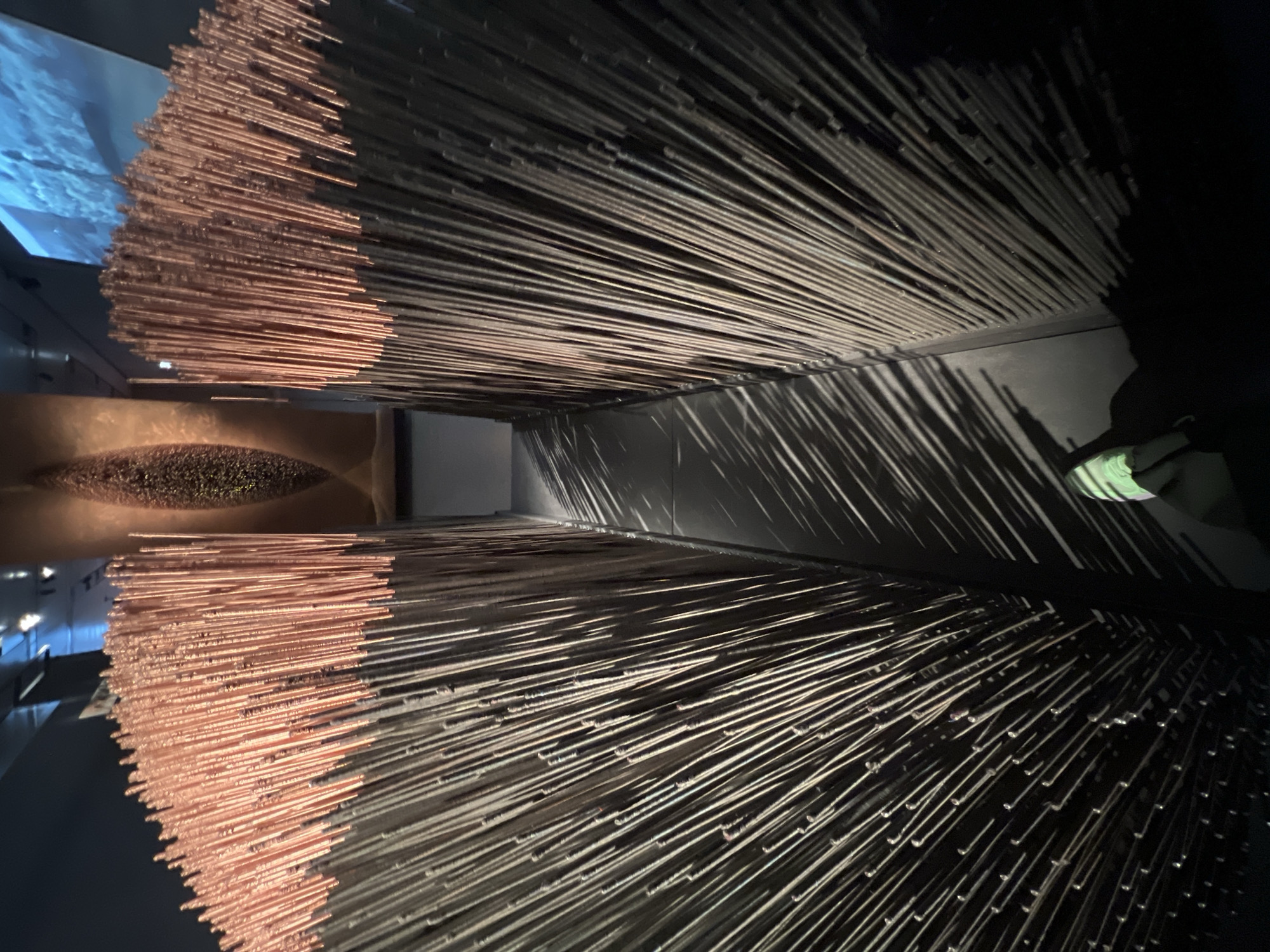The image depicts a perspective view of an art installation at the Zaryadye Park in Moscow, Russia. Two opposing walls are densely covered with what appear to be thin, horizontal rods or wires. The ends of these rods have a copper color on the left and fade into a darker metallic color on the right. The rods create a visual tunnel. Reflections of nearby objects, including a display screen and ambient light sources, are visible on the surrounding surfaces. A shadow of a person is captured in the right of the image.