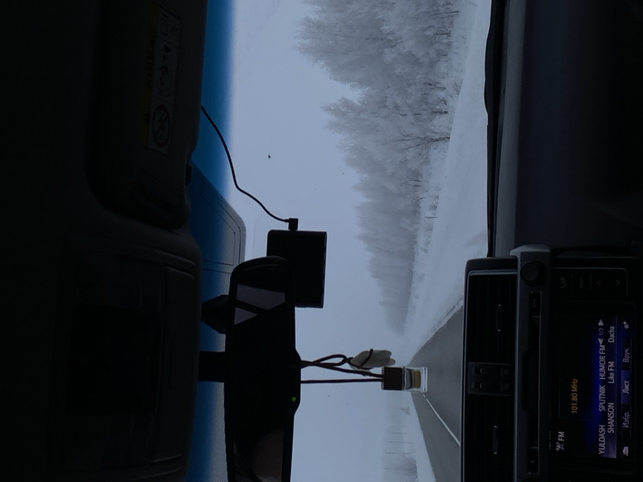 View from inside a car driving on a snow-covered road. Trees covered in frost line the road in the distance, under a gray sky. A dashboard camera and air freshener are mounted on the rearview mirror. The car radio displays a list of FM radio stations including Yuldash, Sputnik, Shanson, and Like FM, and a station at 101.80 MHz.