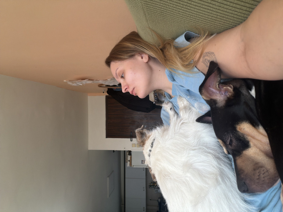 The image captures an indoor scene featuring one adult female and two domestic dogs on a light green couch. The female, with light hair, is reclined on her back, looking upwards and to the right. She wears a light blue t-shirt, and a circular tattoo is visible on her left bicep. A medium-sized, shaggy white and light brown terrier-type dog with a black collar rests its front paws on her left shoulder and torso, facing left and away from the camera. Below this dog, a smaller black and tan dog with short fur lies on the female's left arm/lap, facing left with its eyes closed. This dog's left ear displays a visible scar or fold. The background reveals a peach-colored wall, an off-white ceiling, and a doorway with a dark brown wooden door. To the left, a partial view of a kitchen area includes light grey cabinets and a white appliance. A dark jacket hangs near the door, and a decorative object composed of white feathers is affixed to the peach wall. Natural light illuminates the scene. The specific location within Tel-Aviv, Israel, cannot be determined from the visual information provided.