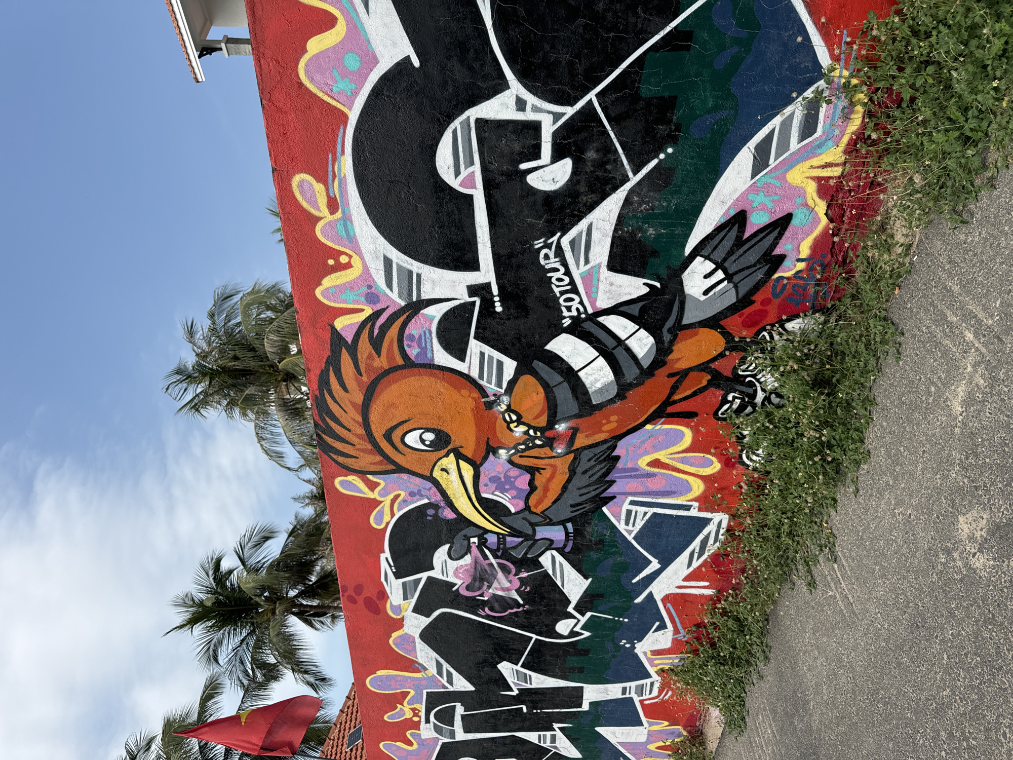 This vibrant image captures a colorful mural painted on a red wall, likely outdoors in Mũi Né, Vietnam. The central figure of the graffiti is a cartoon-style bird, resembling a Hoopoe, with prominent orange head feathers, a large, expressive eye, and a long yellow beak. Its wings are distinctly striped with black and white bands, and it has black talons. The bird appears to be actively involved in creating the graffiti, holding a small object, possibly a spray can, from which a pink, swirling mist emanates.
Behind and below the bird are large, stylized letters rendered in black with intricate white and grey outlines and fills, characteristic of graffiti art. The broader wall surface is painted a striking red, adorned with dynamic splashes and patterns in purple, yellow, light blue, and green, adding to the energetic feel of the artwork.
At the bottom of the wall, green foliage and small weeds grow, suggesting the wall runs alongside a natural strip of ground, which then transitions into a textured gray concrete surface. The upper part of the image reveals a clear, bright blue sky with scattered wisps of white clouds, indicating daytime. Several lush palm trees are visible against the sky, their fronds swaying gently. A small red flag, possibly the flag of Vietnam, is partially seen near the lower left corner, further reinforcing the provided location context. Part of a building's white eaves and roofline is also visible in the top left corner.
Visible text within the graffiti includes "50 TOUR" written in white, integrated into one of the stylized black letters. The overall impression is one of creative expression and bright, sunny weather.