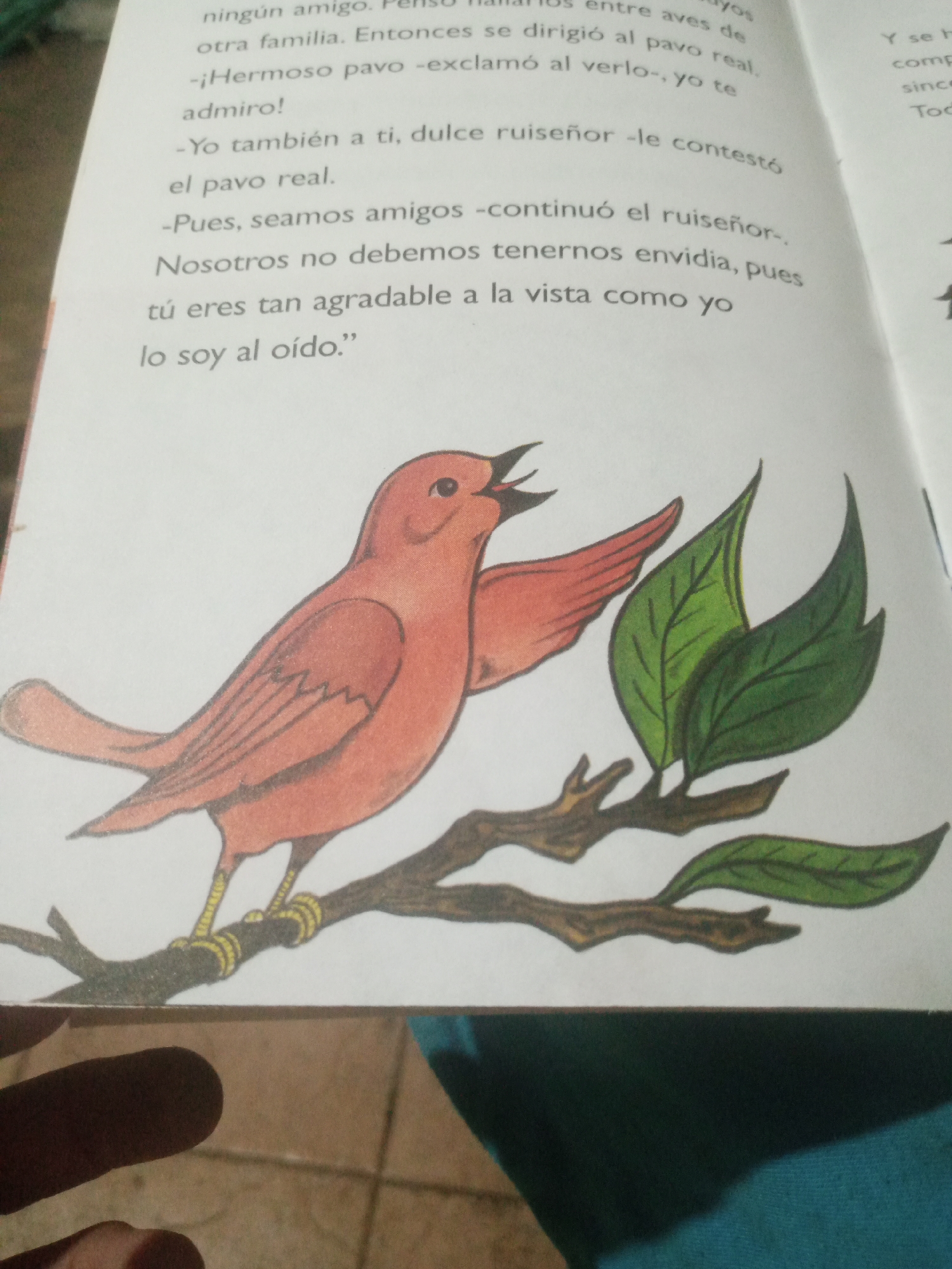 The image displays an open book with a watercolor illustration of a reddish-orange bird perched on a tree branch with green leaves. The text on the page appears to be in Spanish. The bird is facing right, with its wings slightly outstretched. The text on the left side of the page contains dialogue attributed to characters, including "pavo real" (peacock) and "ruiseñor" (nightingale). On the right side of the page, there is more Spanish text. The book is resting on a surface that appears to be a tiled floor. A finger is partially visible in the bottom left corner of the image. The lighting suggests an indoor setting. There is no indication of the city of Santa Ana, Venezuela, in the image or text.