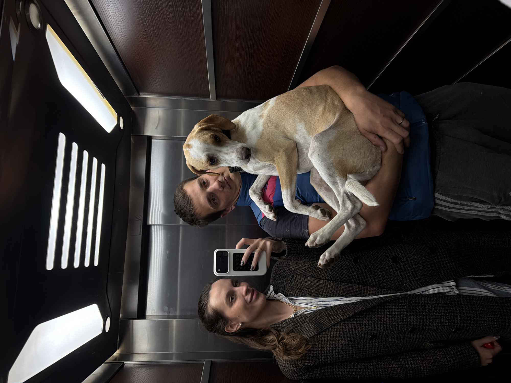 The photograph appears to have been taken within the confines of an elevator, identifiable by the characteristic vertical paneling and built-in lighting fixtures. A man, wearing a blue and pink shirt and grey sweatpants, is holding a medium-sized, short-haired dog with a predominantly white coat, tan patches, and floppy ears. The dog is held closely in the man's arms. A woman, wearing a striped shirt, a dark plaid jacket, and red nail polish on her pinky nail, is holding a white smartphone in a horizontal orientation, suggesting she is using it to capture the selfie. The man and woman are both looking directly at the camera. The background reveals the elevator's interior, which includes dark wood-paneled upper sections and black wall panels with illuminated vertical bars on the side. There are also stainless steel elevator walls visible, adding to the context of the location as an elevator. The scene is captured with a close-up perspective, focusing on the individuals and the dog. The image offers no evidence of the location being Budva, Montenegro.