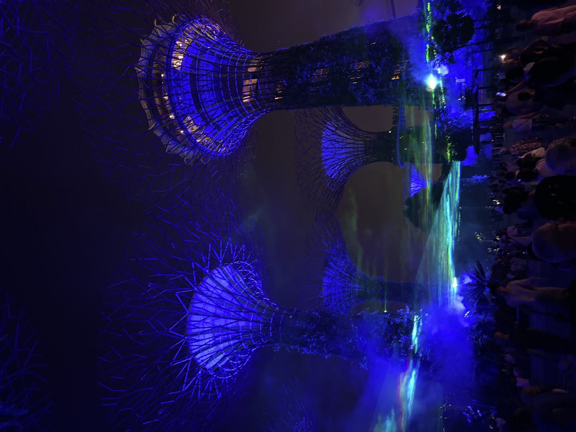 The image depicts a nighttime scene at the Supertree Grove in Gardens by the Bay, Singapore. Tall, tree-like vertical gardens, illuminated with vibrant blue and purple lights, dominate the foreground and midground. These structures feature intricate lattice-like canopies and are covered in dense foliage. In the background, a dark, cloudy sky provides a stark contrast to the illuminated structures. Beams of green and blue light, possibly from a light show or laser projection, cut across the scene, creating a misty, ethereal atmosphere. A crowd of people, mostly silhouetted against the lights, are visible in the lower portion of the image, suggesting they are observing the spectacle. The overall impression is one of a futuristic and technologically advanced urban landscape, showcasing a popular tourist attraction in Singapore.