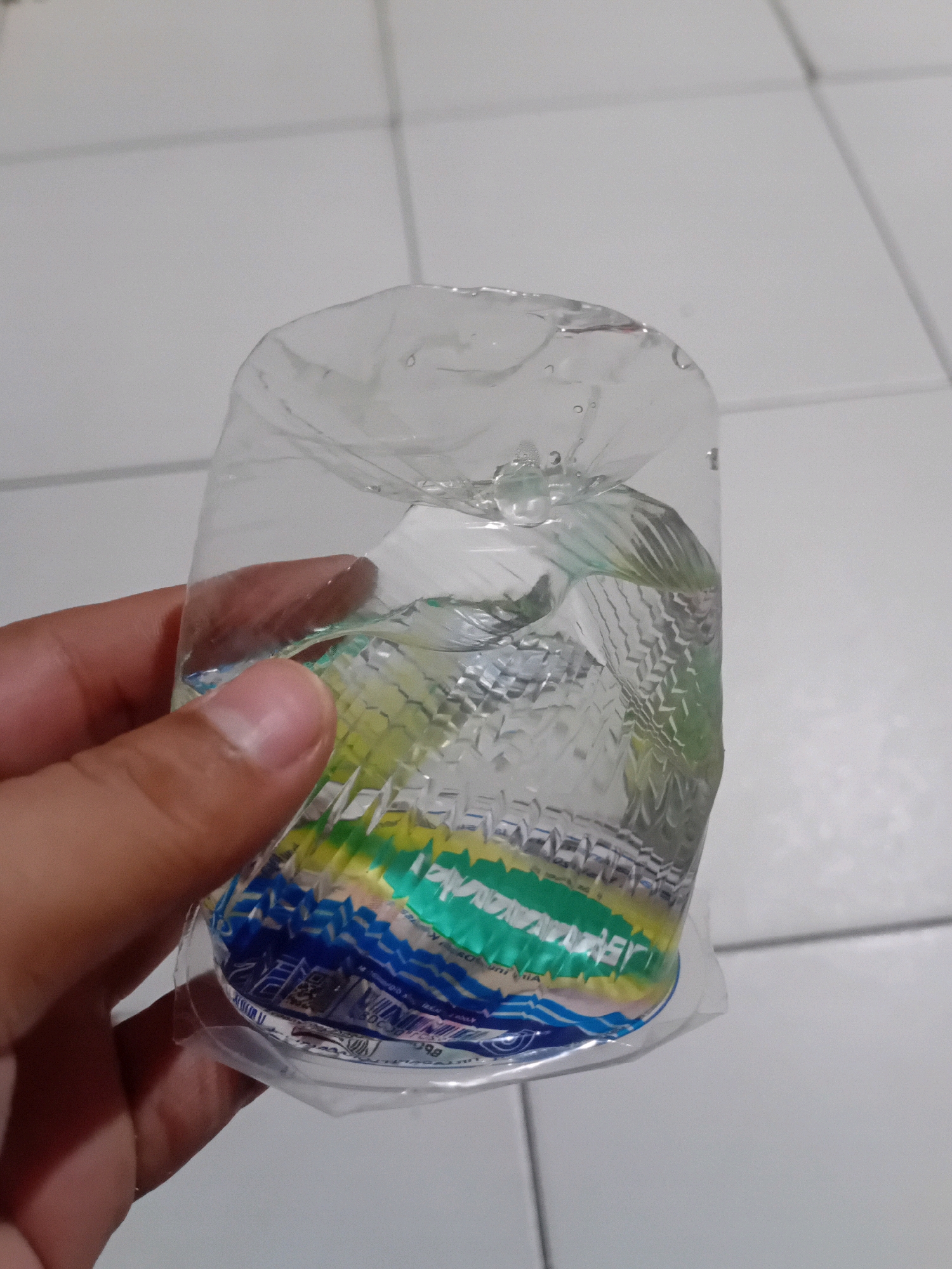 In Pekanbaru, Indonesia, a close-up shot captures a hand holding a clear plastic bag containing a crushed, colorful object filled with water. The object appears to be a collection of foil wrappers in shades of blue, green, and yellow, possibly from candy or snacks, condensed and submerged in water. The bag is translucent and wrinkled, obscuring the full details of the object within. The background consists of a tiled floor, indicating an indoor setting. The lighting is neutral, illuminating the scene without harsh shadows. The image appears to be taken from a slightly elevated angle.