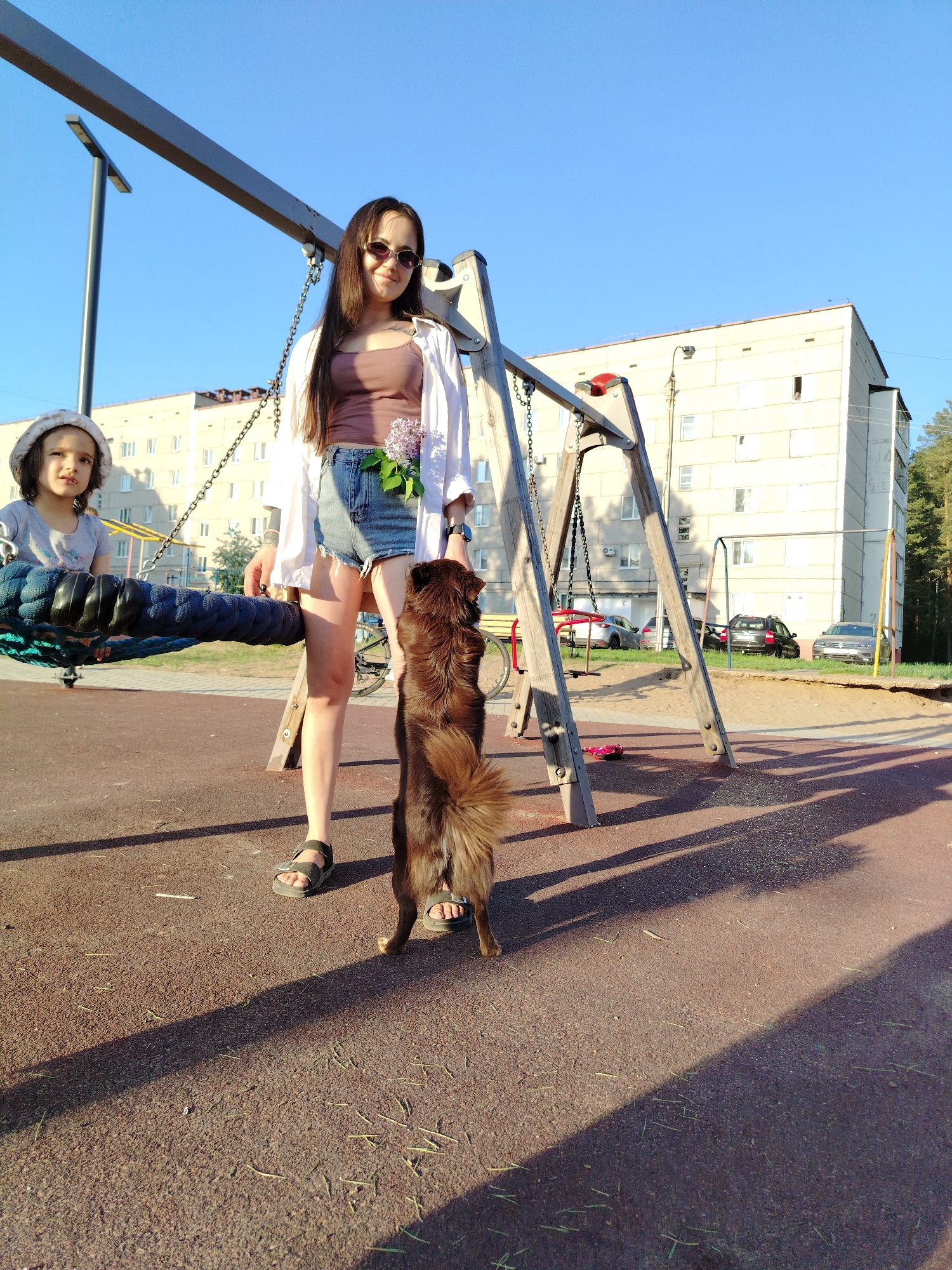 The image shows an outdoor scene in Noviy Urengoy, Russia, likely at a playground. The ground is a reddish-brown, possibly rubberized, surface. A young girl with a white hat sits on a blue rope swing. A young woman, wearing sunglasses, a brown top, denim shorts, and a white shirt, stands near the swing. She holds a lilac flower. A medium-sized, brown dog is standing on its hind legs, appearing to reach up to the woman. In the background, there is a large, multi-story apartment building. Other playground equipment, including swings and a metal structure, are visible. Several cars are parked near the building. A line of trees is visible on the right side of the frame. The sky is clear and blue.