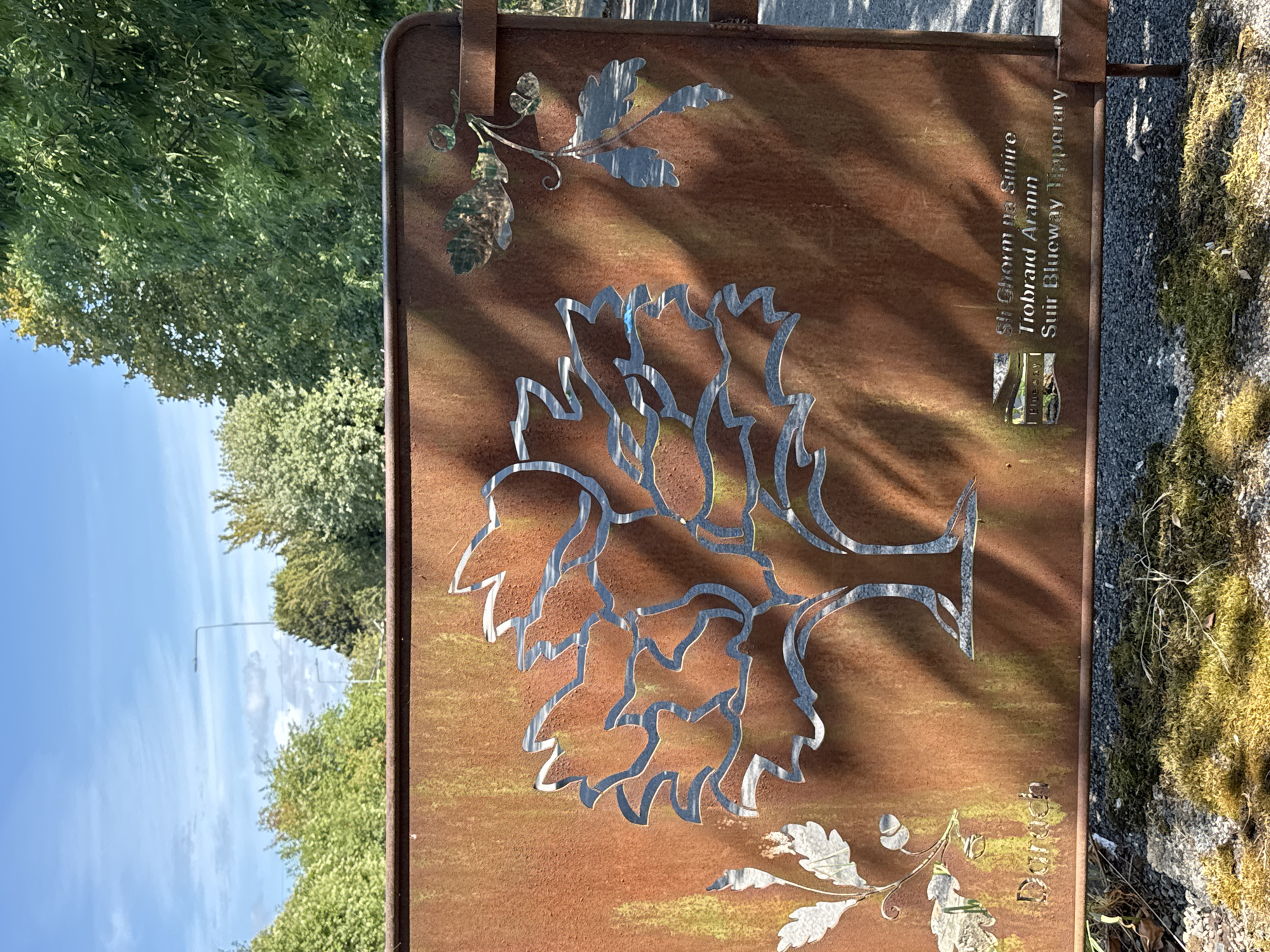 The image shows a metal sign with a cutout design of a tree and leaves. The sign is weathered and rusty. In the lower left corner of the sign, the word "Darach" is visible. In the lower right corner, there are lines of text in a cutout style: "Slí Ghorm na Suíre", "Tiobraid Árann", and "Suir Blueway Tipperary". The sign is positioned outdoors, with green trees and a blue sky visible in the background. There is also moss and gravel on the ground in the foreground. The text on the sign indicates it is located along the Suir Blueway in Tipperary, with a specific mention of "Darach", which is the Irish word for oak. This likely refers to a specific location or feature within the Blueway. Clonmel is a town in County Tipperary, Ireland, and the Suir Blueway runs through or near it.