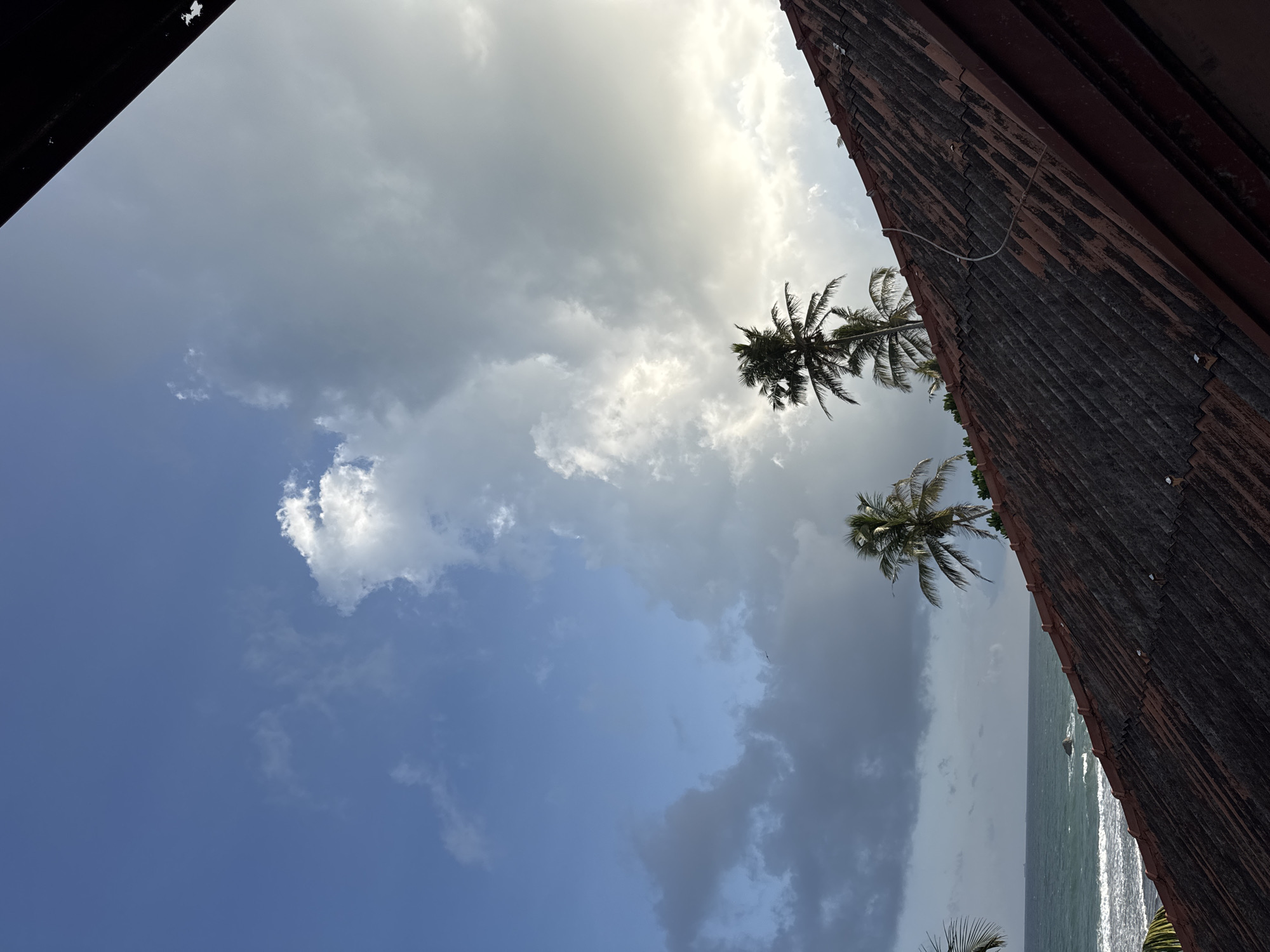 The image depicts a view from a tiled roof in Goviyapana, Sri Lanka, overlooking the ocean. The foreground is dominated by the reddish-brown tiled roof, showing signs of wear and tear. Beyond the roof, a vibrant turquoise ocean meets a sandy shoreline, with white waves crashing against rocks. Two palm trees stand tall against a dramatic sky filled with a mix of dark, brooding clouds and brighter, sunlit patches. The overall scene suggests a tropical coastal environment, possibly during or after a weather event.