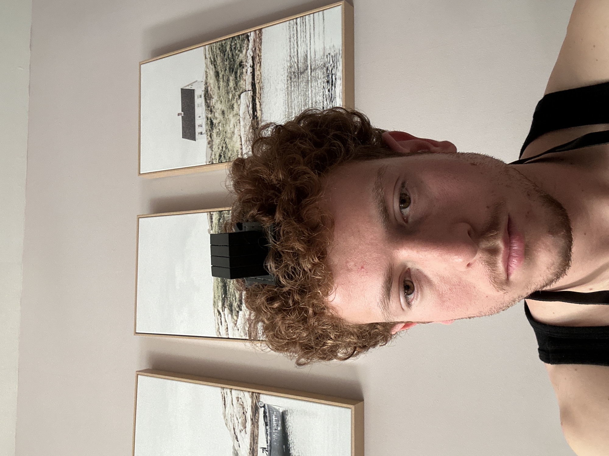 A young man with light skin, curly brown hair, and light stubble is depicted in a close-up, chest-up shot. He is wearing a black sleeveless top and looks directly at the camera with a neutral to slightly serious expression. Several black, rectangular blocks are stacked on top of his head, resting within his curls. The background features a light beige or off-white wall. Three framed pictures are hung vertically on the wall, one above the other. The frames are thin and made of light-colored wood. The artwork inside the frames appears to be minimalist or abstract, featuring landscapes or architectural elements in muted tones, primarily greys, whites, and earthy browns. The topmost picture clearly shows a small, simple building in a desolate landscape. The setting is indoors, likely a room, with ambient lighting. No specific time of day or emotions are discernible beyond the man's neutral gaze. There is no visible text.