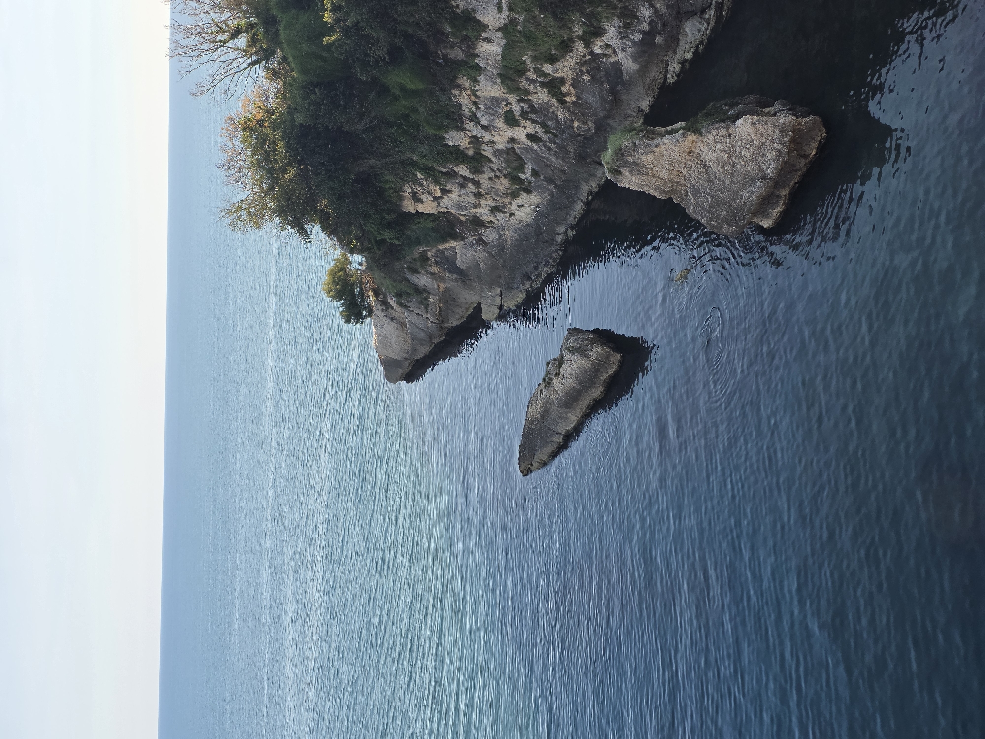 This image captures a view of the coastline of Ulcinj - Ulqin, Montenegro. The dominant feature is a rocky cliff jutting into the clear, blue water. The cliff is topped with green vegetation, including trees and shrubs. Several large rocks are situated near the base of the cliff, partially submerged in the water. The sea is calm, with subtle ripples visible on its surface. In the distance, the horizon is a pale blue, suggesting a clear sky. The image is taken from an elevated perspective, possibly from a nearby cliff or building.