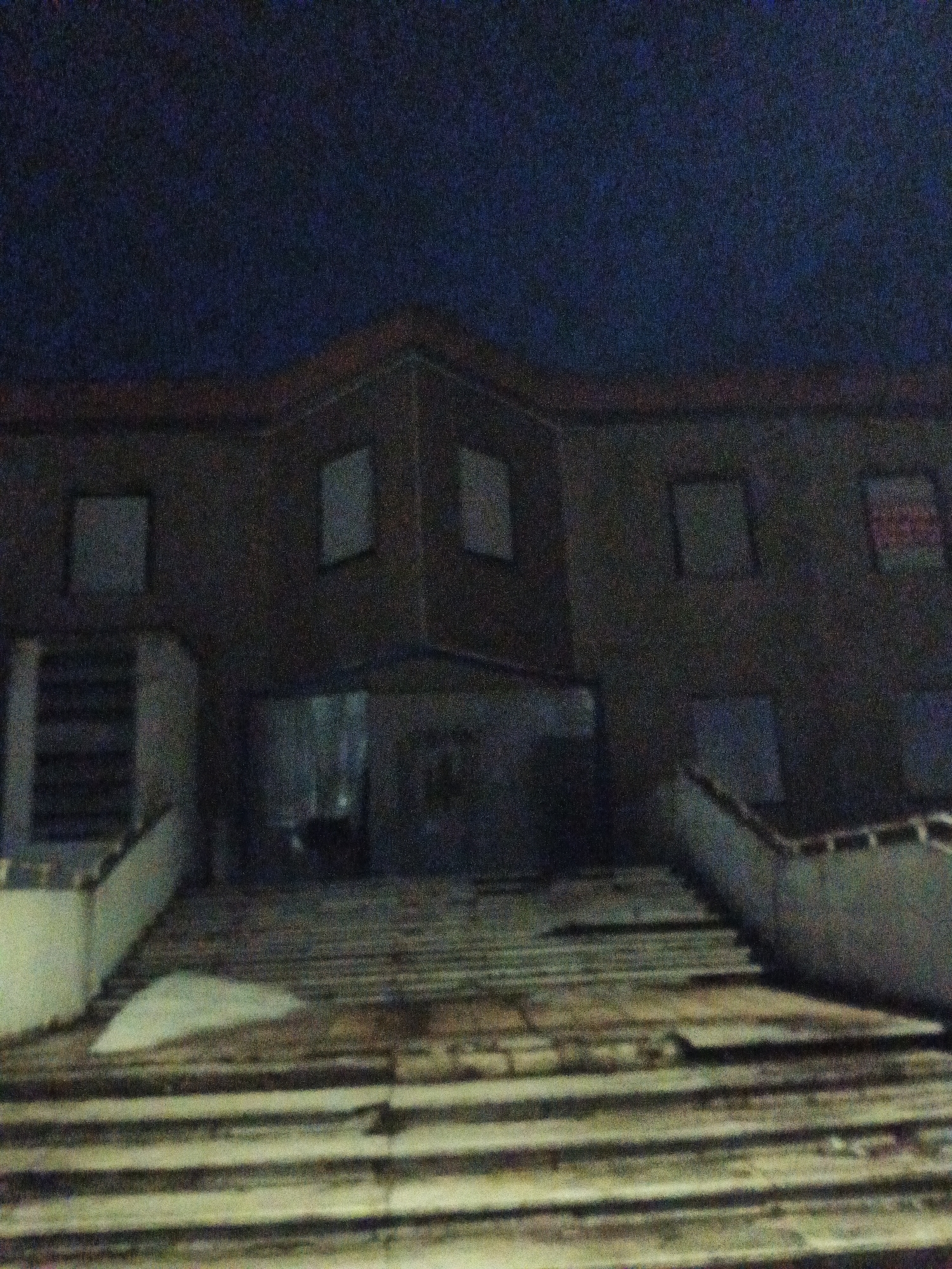 The image shows a large, dark building at night. The building has multiple windows, some of which are boarded up or covered. A wide set of stairs leads up to the building's entrance. The steps are worn and appear to be in disrepair. The lighting is poor, obscuring many details. The location appears to be deserted.