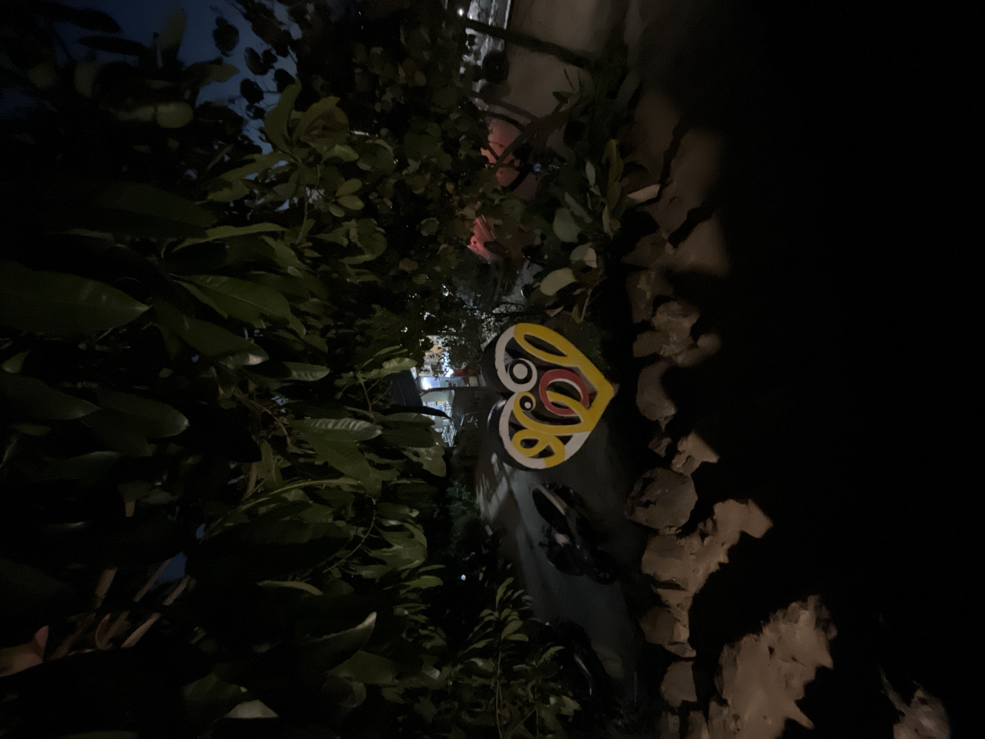 A colorful heart-shaped artwork with black, yellow, red, and white patterns is displayed outdoors at night. It's positioned among lush green foliage and dark, rough-textured ground, possibly stones or rocks. The artwork appears to be a decorative object, potentially part of a public installation or private garden.
In the background, blurred lights suggest a street or inhabited area, hinting at an urban or semi-urban setting. The darkness of the image indicates it was taken after sunset, possibly in the evening or late at night. There are no people clearly visible, but the presence of distant lights and the general scene suggest a tranquil, possibly serene, atmosphere. The artwork itself, with its bold colors and heart shape, might evoke feelings of love, culture, or art.
The location context of Karimunjawa, Indonesia, provides an island setting, which could mean the foliage is tropical and the surrounding area is coastal or near the sea. However, no specific geographical features of Karimunjawa are directly identifiable from the image itself. The weather appears to be clear, as there are no signs of rain or overcast skies. The image is devoid of any visible text.