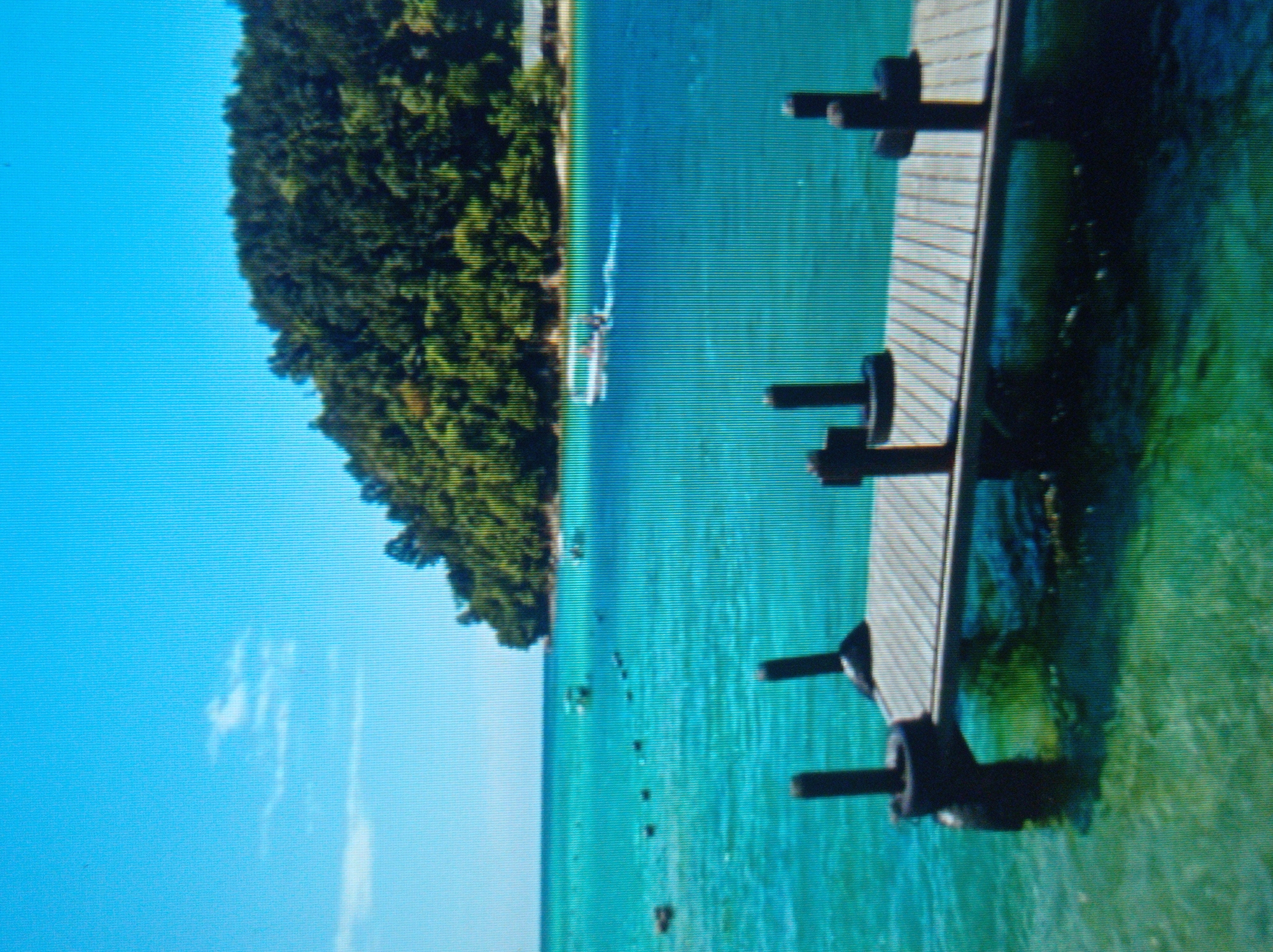 This is a photograph of a wooden pier extending into clear turquoise water. The pier has four vertical posts, two on each side, with what appear to be tires fitted around the base of the two posts closest to the viewer. The water is calm and reflects the bright blue sky. In the distance, a lush green, tree-covered island or peninsula juts out into the sea. A white boat with a wake is visible moving through the water in the middle distance. Another smaller boat is further out to the left. A line of buoys or markers is also visible in the water. The image does not contain any elements that would suggest it is located in Mukachevo, Ukraine.