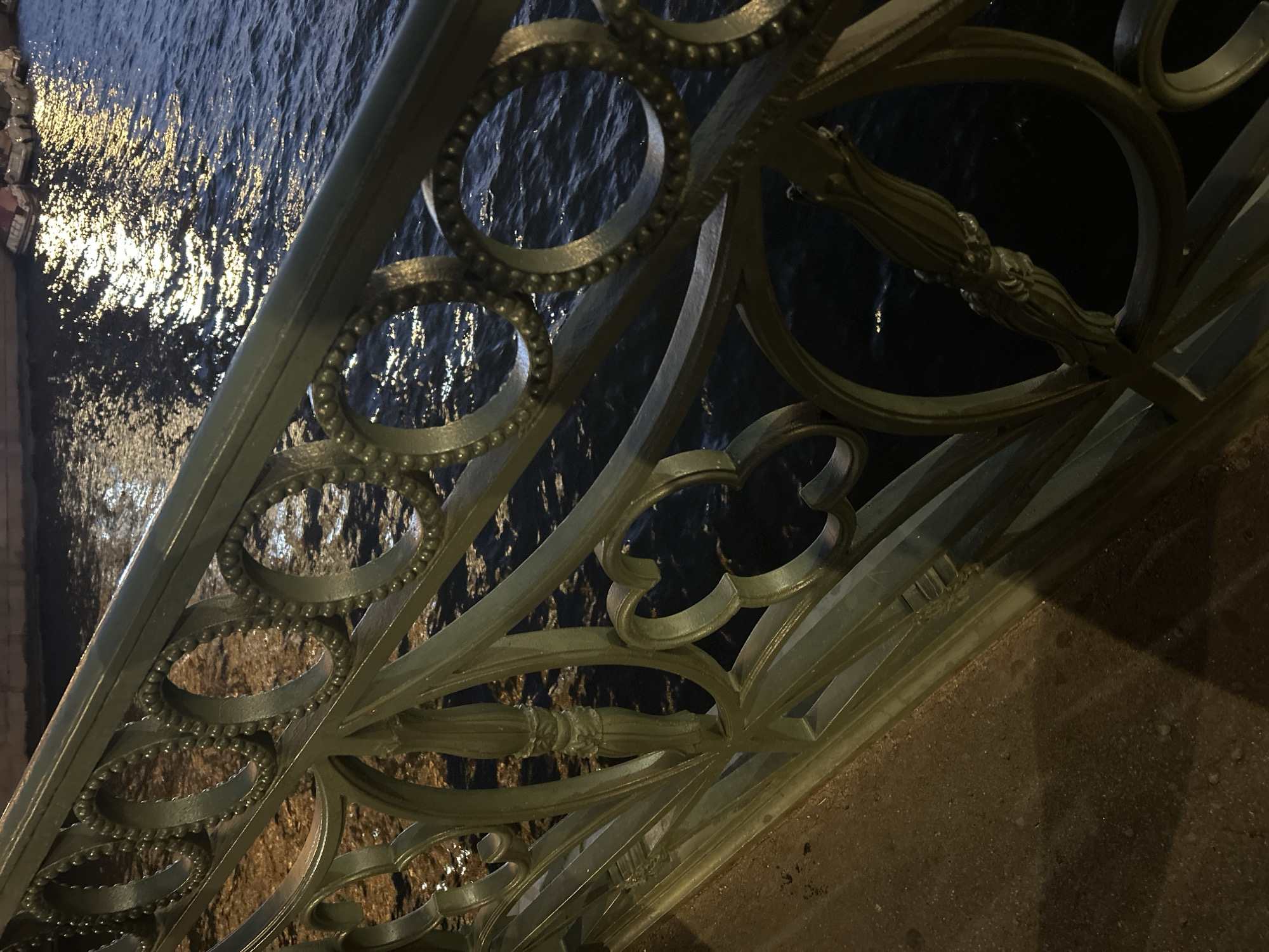 A close-up, eye-level, outdoor shot shows a decorative green metal railing in the foreground, with the dark water of a canal in the background. The railing is ornately designed with circular motifs and ornate vertical supports. The water reflects the light of the city, creating a shimmering effect. The lighting suggests it is nighttime or dusk. The location is Unknown, Unknown.