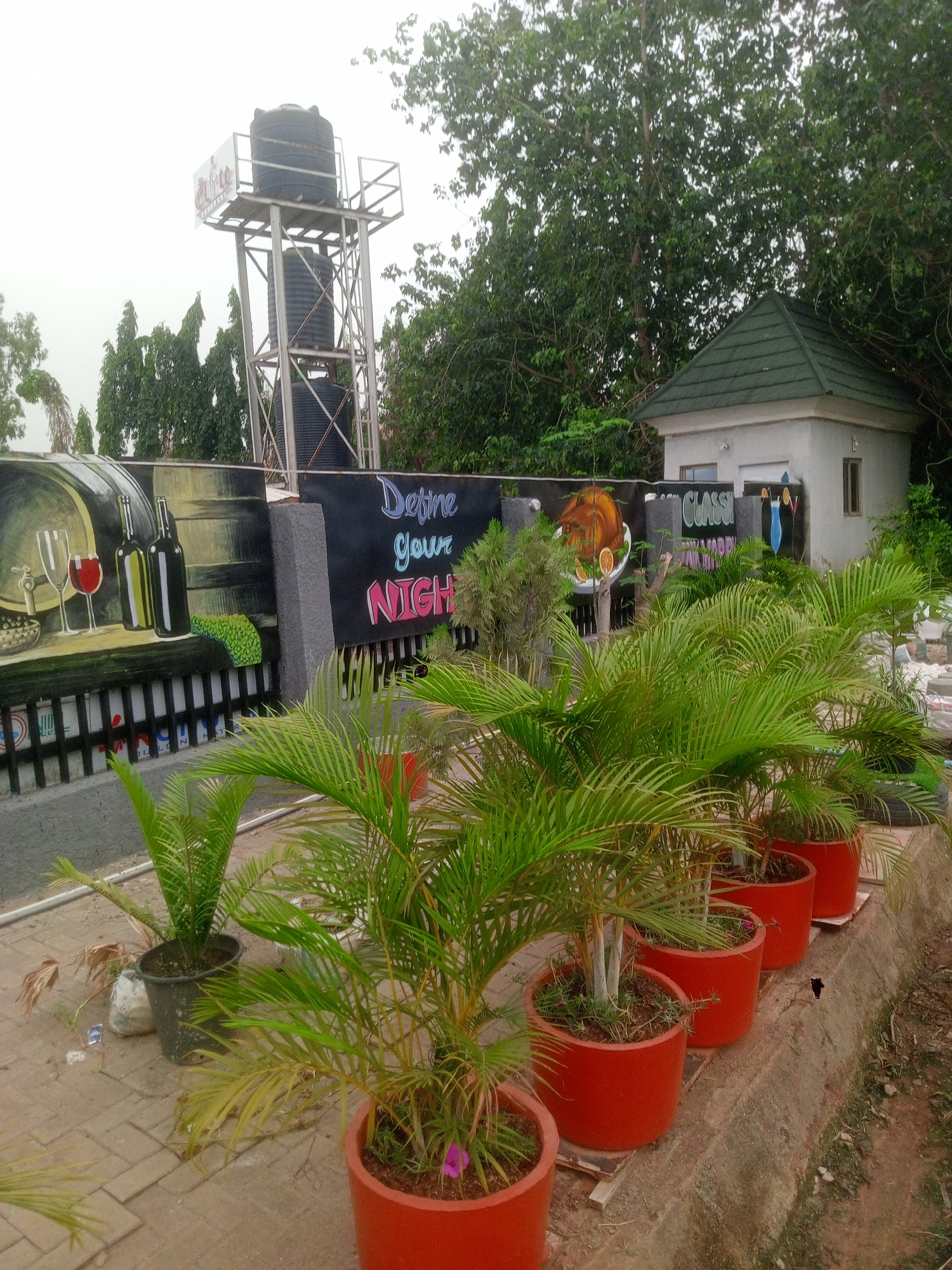 The image depicts an outdoor scene in Gwarinpa, Nigeria, featuring decorative elements and vegetation. A row of potted palm trees with red pots line a low concrete ledge in the foreground. Behind the plants is a painted wall displaying artistic renderings of a wine barrel, bottles, a wine glass, and the words "Define your NIGHT." A water tower with several black tanks and a metal frame stands to the left of the wall. To the right, there is a small building with a green roof. A painted image of a roast and the word "CLASSY" is visible on the building. Paved ground covers the foreground, and trees surround the scene.