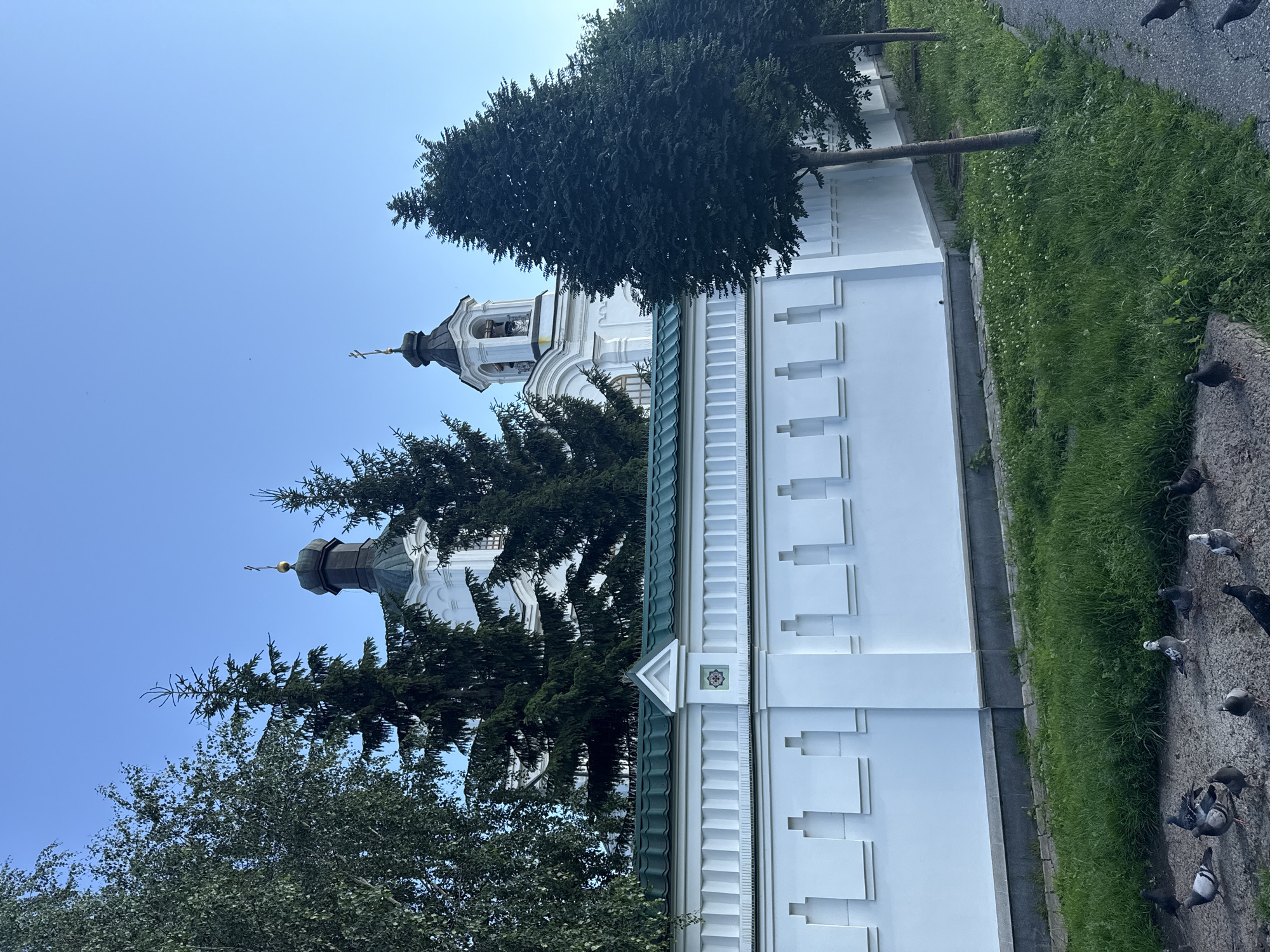 The image shows a view of the Church of All Saints in Yekaterinburg, Russia, from the outside. A white wall with a green tiled roof and decorative elements runs along the foreground, with several trees planted behind it. In the background, the white church building is visible with its dark domes and bell tower, partially obscured by evergreen trees. A flock of pigeons is scattered on the ground in front of the wall. The sky is clear and blue.