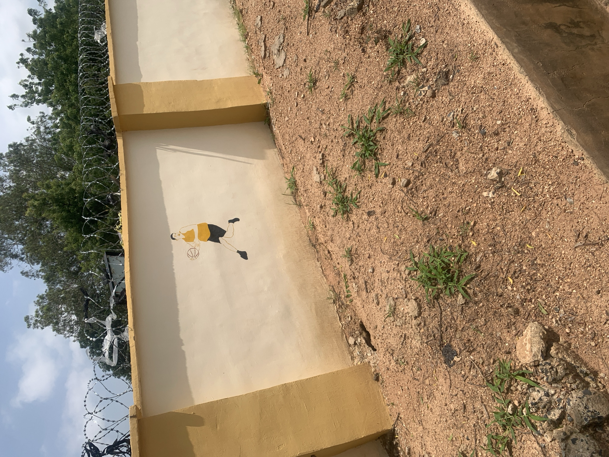 The image shows a section of a cream-colored wall with yellow pillars, located in Jalingo, Nigeria. A mural of a person playing basketball is painted on the wall. Above the wall, barbed wire is installed as a security measure. The ground in front of the wall is covered with reddish-brown dirt, small rocks, and sparse green vegetation. The sky above is partly cloudy.