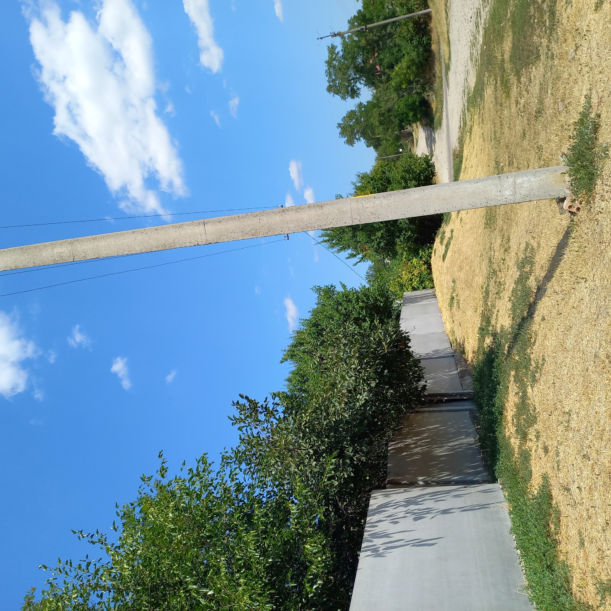 The image depicts a scene with a concrete utility pole in the foreground, tilted slightly to the right, with power lines extending from it. To the left, a grey concrete fence runs horizontally across the frame, casting dappled shadows from overhead foliage. Behind the fence, lush green trees with dense foliage are visible. The ground in the foreground is covered with dry, yellow grass, interspersed with patches of green vegetation. In the background, a dirt road curves into the distance, flanked by more trees and greenery. The sky is a bright blue with scattered white clouds. The overall impression is a rural or semi-rural setting under a clear, sunny sky. There are no people or animals visible in the image. The location is identified as Klyntsi, Ukraine.