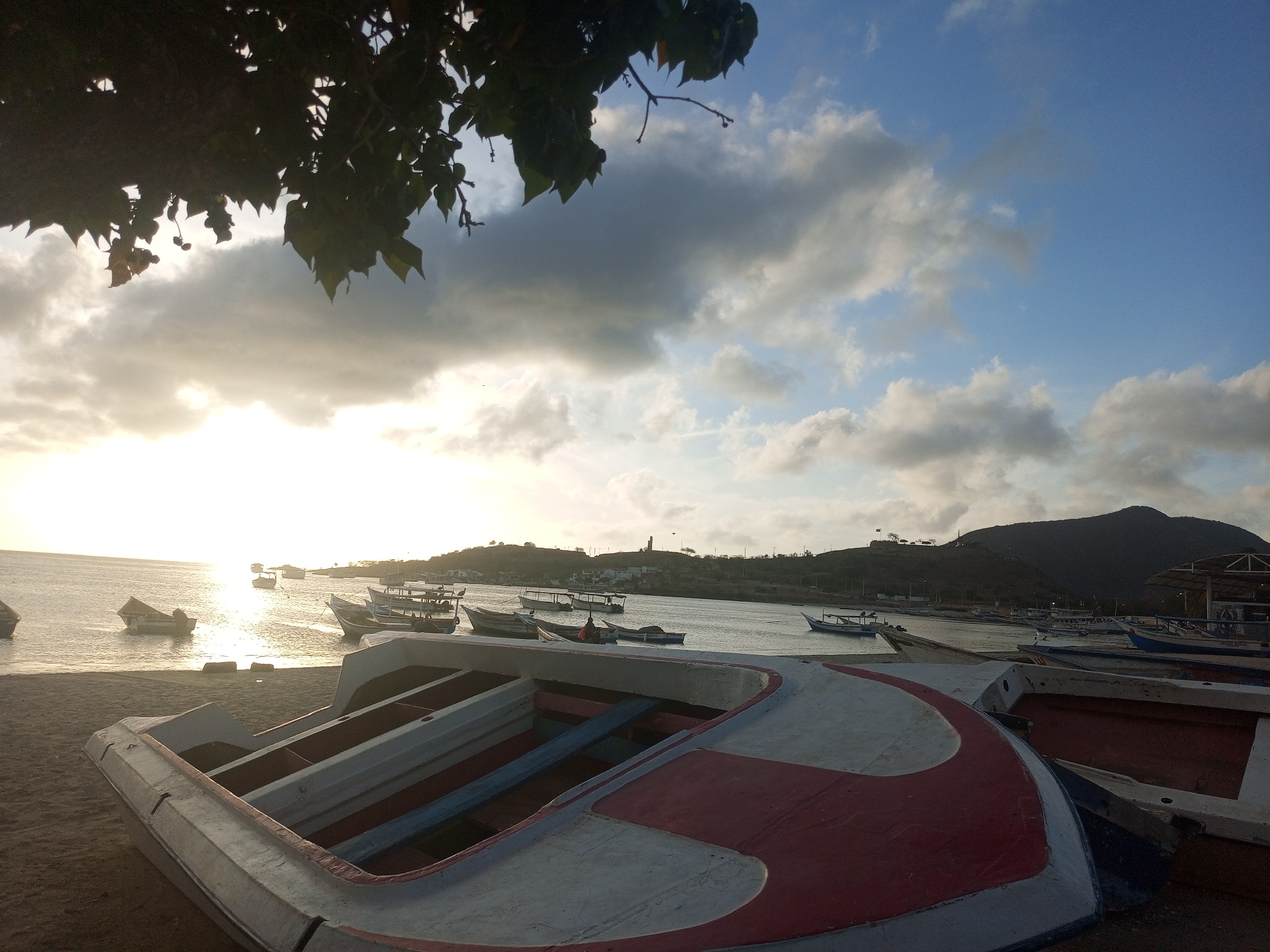 The image depicts a coastal scene in Juan Griego, Venezuela. A row of small fishing boats are docked or grounded on the shore. Additional boats are visible floating in the bay. In the foreground, several overturned rowboats sit on the sand. A hillside with structures on it is on the right side of the image. The time of day appears to be near sunset, with light reflecting off the water. Part of a tree is visible in the upper left.