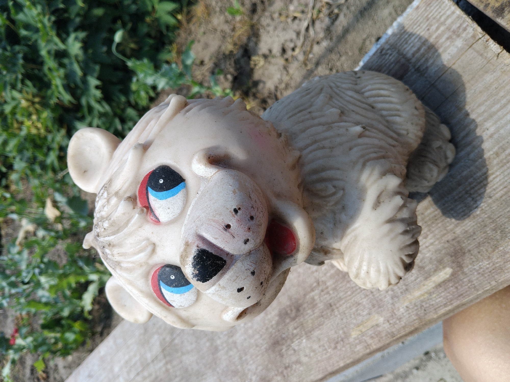 This media file shows a weathered, cream-colored toy animal, possibly a bear or a lion cub, lying on a wooden surface. The toy has large, round eyes painted with black pupils, blue and red accents, and white highlights. Its snout is painted black, with red accents on its cheeks and ears. The toy appears to be made of plastic and is showing signs of age, with some dirt and wear. Its fur texture is depicted with raised lines on its head and body.
The toy is positioned on a weathered wooden plank, which is placed outdoors. In the background, there is out-of-focus greenery, suggesting an outdoor setting like a garden or yard. The lighting suggests it is daytime, with a shadow cast by the toy onto the wooden surface, indicating a sunny day. The location is identified as Bila Krynytsia, Ukraine. No people are visible in the media file, and no specific activity or event is taking place; the toy is simply resting. There is no visible text in the image.