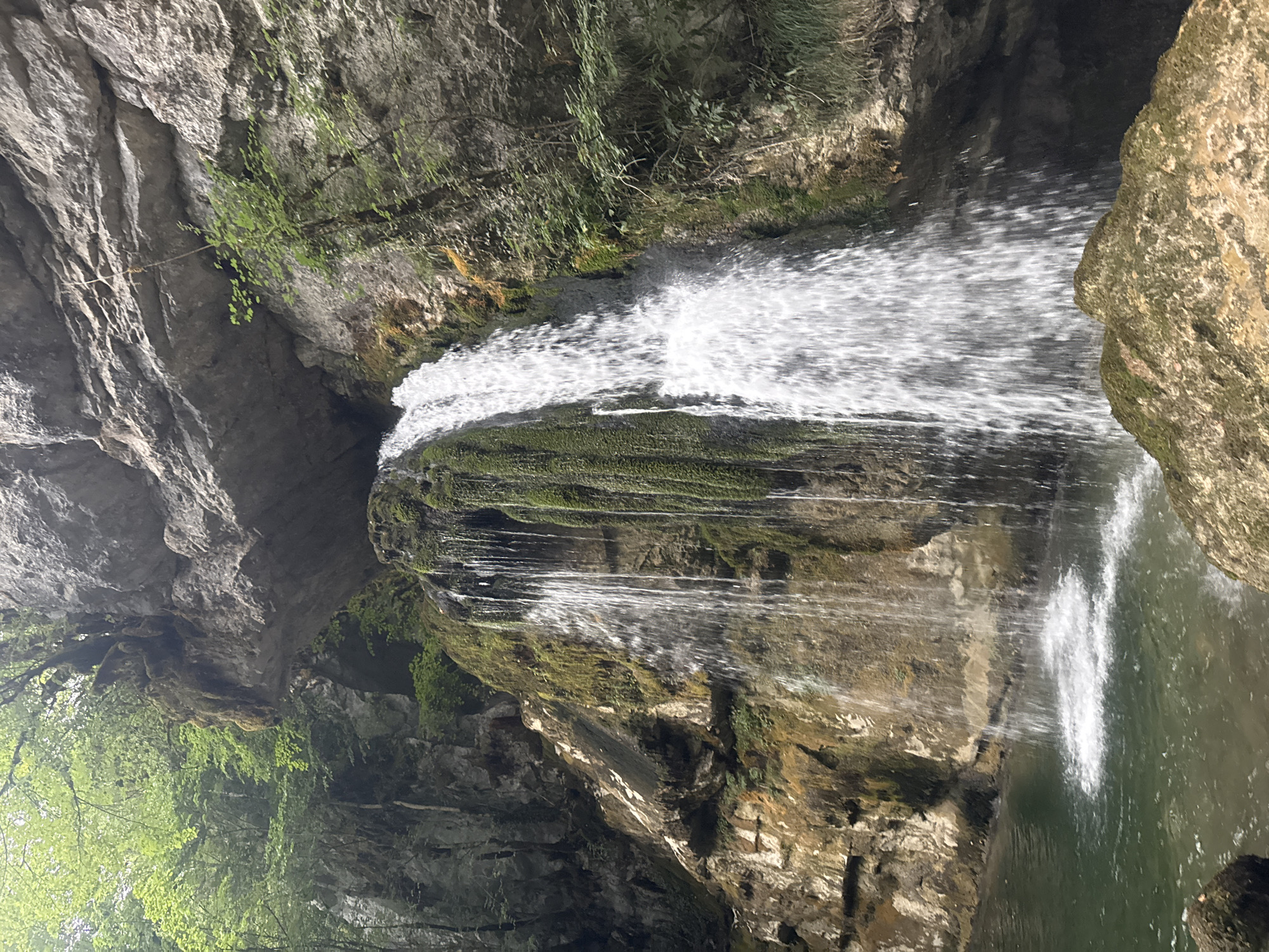 The image depicts a narrow waterfall cascading down a rocky cliff face covered in moss and vegetation. The water falls into a pool of green water at the base of the falls. The surrounding environment is lush and green with trees and rocks. The scene appears to be located in a natural setting, likely a forest or a gorge. There are no people or animals visible in the image. The overall impression is one of a tranquil and secluded natural landscape. The location is the waterfall of the Saute-de-Gros-Gouffre in Saint-Claude, France.
