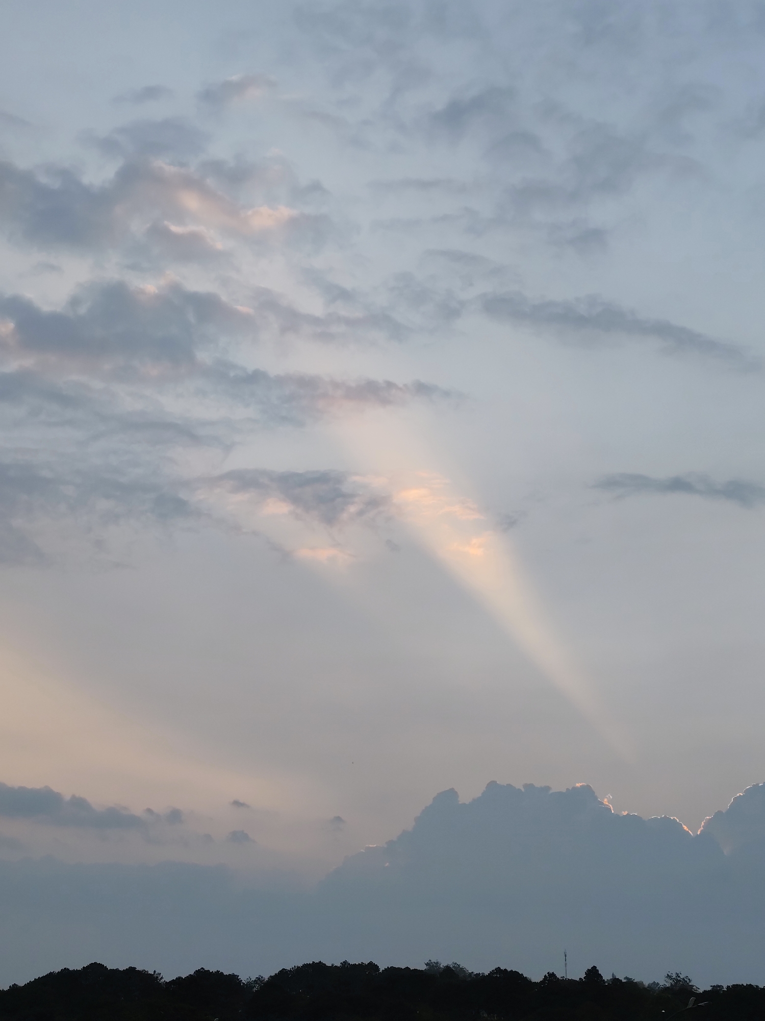 The image shows a sky scene in Lâm Viên, Đà Lạt, Vietnam. The sky is predominantly a pale blue with streaks of light filtering through the clouds. These beams of light emanate from behind a cloud formation, projecting downwards. The clouds themselves are a mix of grey and white hues, with the lower clouds appearing darker and more defined. A silhouette of trees and foliage occupies the bottom of the frame, creating a stark contrast against the lighter sky.
