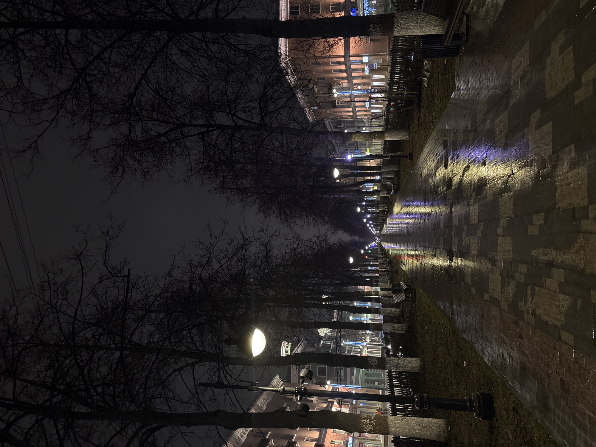 The image depicts a night scene on a paved walkway in the city of Perm, Russia. The walkway is bordered by trees and streetlights. On either side of the walkway are buildings with illuminated windows. The pavement appears wet, reflecting light from the streetlights. There is no apparent presence of people. The environment is dark and urban.