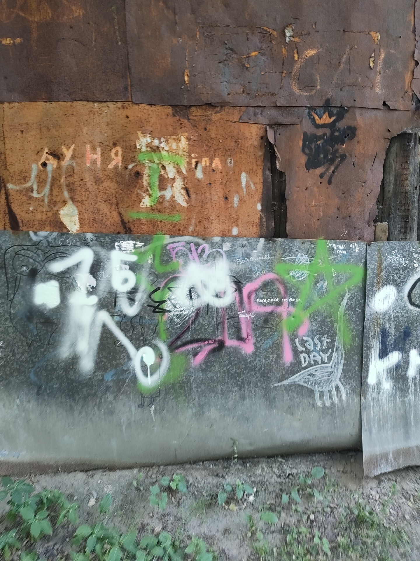 This image captures a section of an urban environment in the city of Быково, Russia. The scene is horizontally divided into two primary sections by a weathered barrier. The upper section consists of multiple panels of heavily rusted sheet metal, exhibiting various shades of brown and orange, consistent with advanced corrosion and material degradation. Faint graffiti on the upper panels includes partially legible Cyrillic letters, such as "УНЯ" in faded pink on the left, and a black spray-painted abstract shape topped with a yellow crown on the right.
The lower section of the image features a grey concrete or metal barrier, extensively covered with multiple layers of graffiti in various colors and styles. Prominent markings include large white spray-painted characters, such as a "7" and a "Б," along with applications of pink and green spray paint, and black scribbles. Centrally, a green spray-painted star or pentagram shape is visible. Above and below this star, white Cyrillic text reads "Ондрианы нам канон" and "мысли, а не, про бог," respectively. To the right of the star, the English phrase "LAST DAY" is spray-painted in white, adjacent to a simple white outline drawing of a tall, bird-like creature. Further to the right, a large white letter "К" is discernible.
The ground below the barrier is unkempt, composed of dry soil with sparse green vegetation and small plants. The scene is illuminated by natural daylight. No people, animals, or active interactions are depicted within the frame.