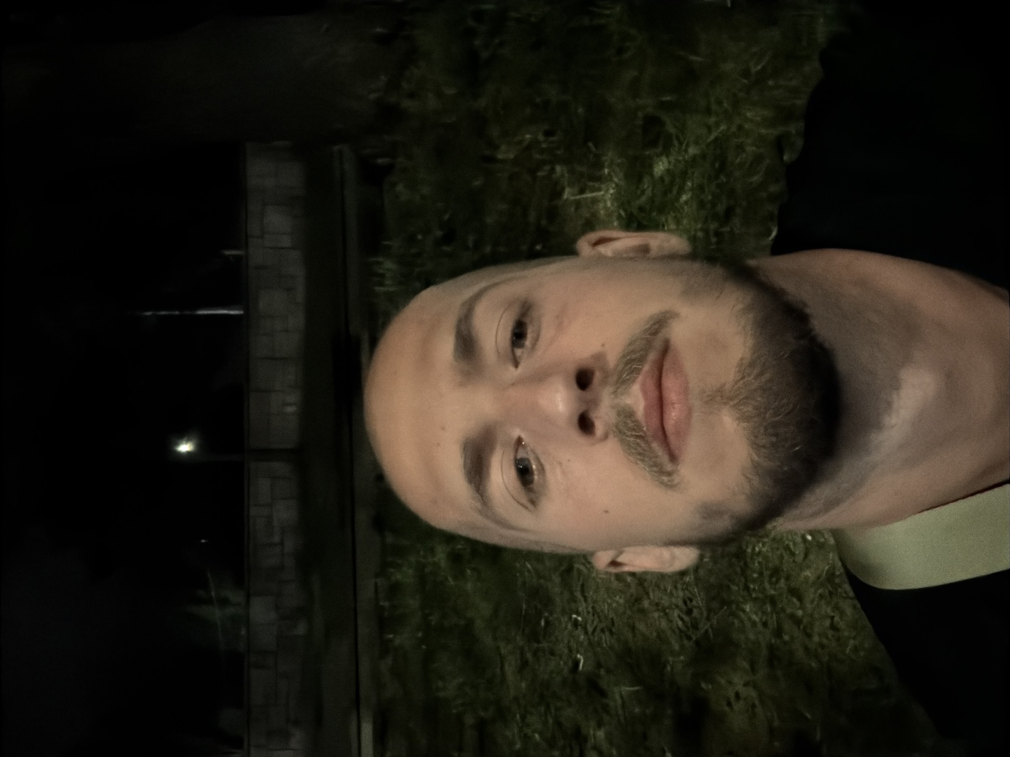 A close-up, overhead, selfie-style photograph features a bald man with a mustache and goatee. He is wearing a black t-shirt with a light green trim around the collar. The background is dark and appears to be outdoors at night, with a blurry grassy area in the foreground and a stone wall and some trees in the distance. There is a lamppost visible to the left of the frame. The lighting suggests artificial light sources. The overall setting resembles a park or outdoor public space within the city of Sofia, Bulgaria.