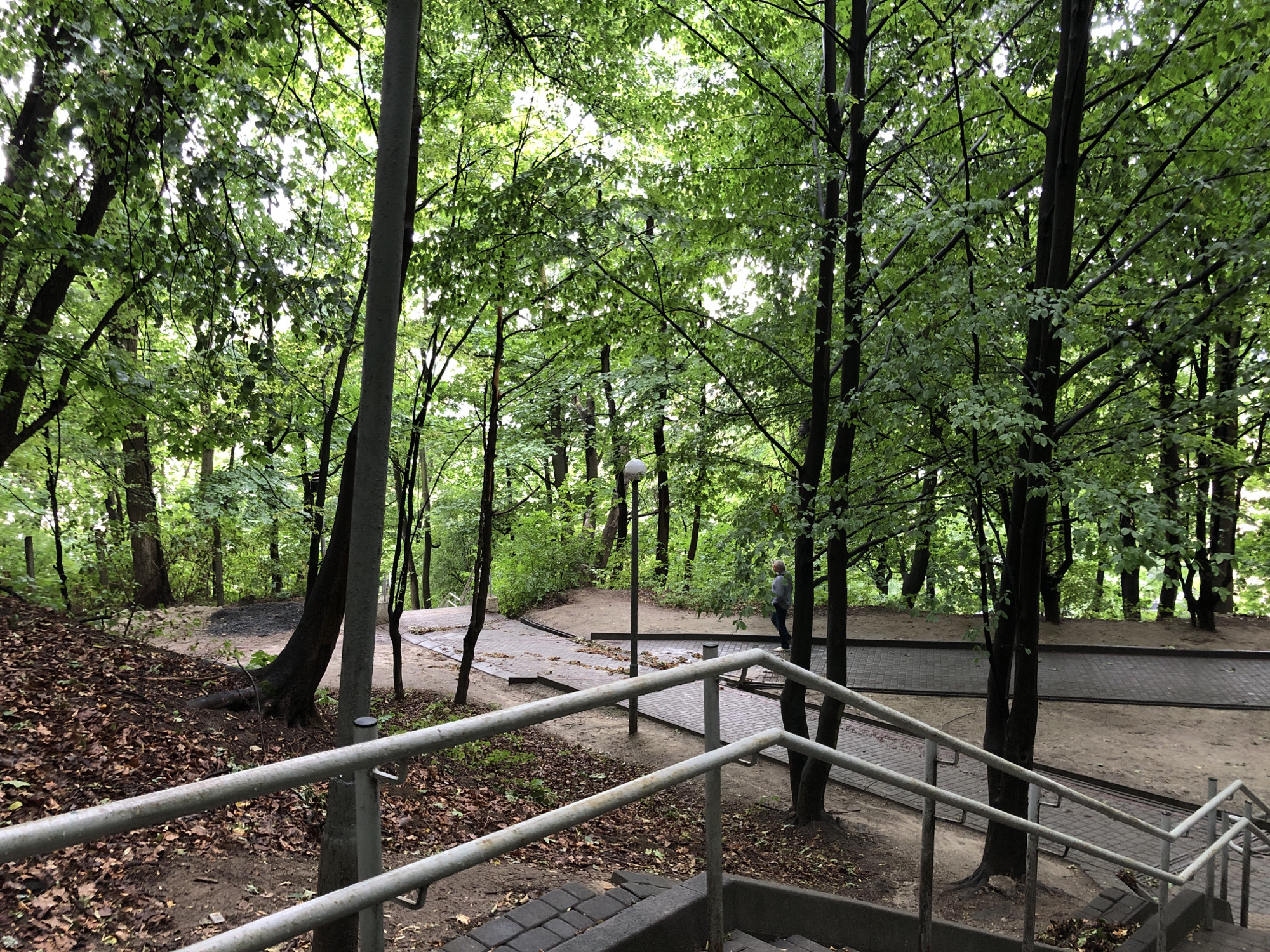 This media file captures a serene park scene in Lviv, Ukraine, likely during the daytime with overcast weather. The foreground features a set of gray metal railings leading down a staircase made of dark gray paving stones. The ground around the stairs is covered with a thick layer of fallen brown leaves.
Beyond the stairs, a paved pathway winds through a lush, green forest. The pathway is made of light gray interlocking pavers, with some scattered fallen leaves on its surface. A single streetlight stands on the path.
Further into the park, a person is visible walking away from the camera on the path. They appear to be wearing a light blue or gray jacket and dark pants. The surrounding trees are tall and dense, with vibrant green foliage creating a canopy overhead. The overall atmosphere is peaceful and tranquil, suggesting a quiet moment in nature. The location cues of the paved pathways and the distinct style of the railings and streetlight are characteristic of urban parks in Eastern Europe. No visible text is present in the image.