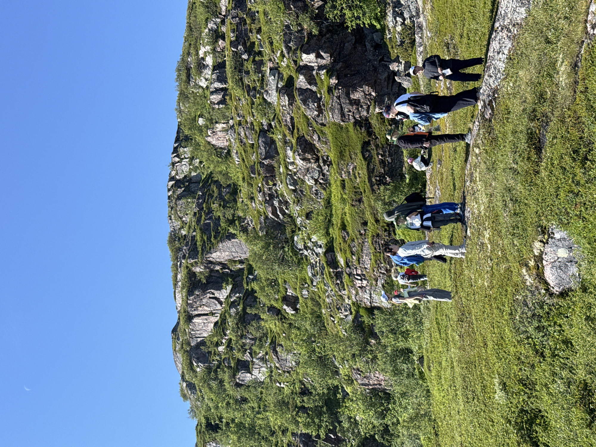A group of people, possibly tourists, stand on a grassy hillside in Teriberka, Russia, with a rocky, verdant mountain rising behind them under a clear blue sky. The mountain is characterized by exposed rock formations and patches of green moss and low-lying vegetation. In the foreground, the terrain is covered in dense, vibrant green ground cover, with some scattered rocks.
The individuals in the group are diverse in their attire and poses. Several are looking in different directions, and some appear to be engaged in conversation. They are dressed in casual, outdoor clothing suitable for hiking or exploring. One person in the foreground is wearing a dark jacket and pants, holding papers. Another person next to them wears a white shirt and dark pants, with a backpack. Further to the left, a person in a light-colored jacket and pants stands with a blue backpack, while others are clustered in smaller groups. In the background, higher up the slope, more individuals are visible, some closer to the rocky face of the mountain. A faint crescent moon is visible in the upper left corner of the sky. The overall scene suggests a daytime excursion in a natural, somewhat rugged environment.