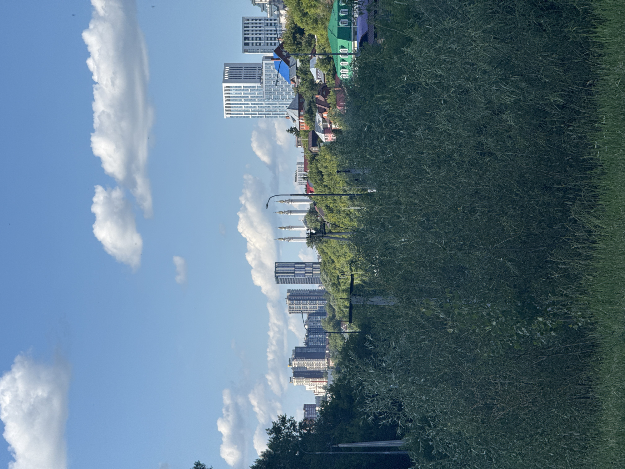 The image captures a cityscape on a sunny day with a partly cloudy sky. In the foreground, dense green foliage and grass obscure the lower portion of the scene. Behind the vegetation, a row of trees lines a gentle hillside, on which a mix of residential buildings and modern high-rise structures are visible. The residential buildings feature various roof colors, including red, blue, and green. Among the taller buildings, two prominent white high-rise towers stand out, characterized by their patterned facades. To the left of the high-rises, a cluster of minarets suggests the presence of a religious building, possibly a mosque. Streetlights are present throughout the scene, along with utility poles and wires. The background consists of the blue sky dotted with fluffy white clouds.