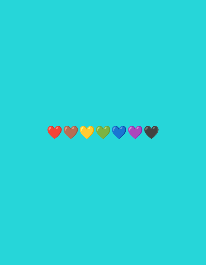 The image displays a horizontally aligned row of seven heart-shaped icons on a solid, teal-colored background. From left to right, the heart colors are red, brown, yellow, green, blue, purple, and black. The hearts are evenly spaced and appear to be rendered in a flat, cartoonish style. The overall composition is minimalist. The image is not located in Kuta Selatan, Indonesia, as there are no elements within the image to suggest a specific geographical location.