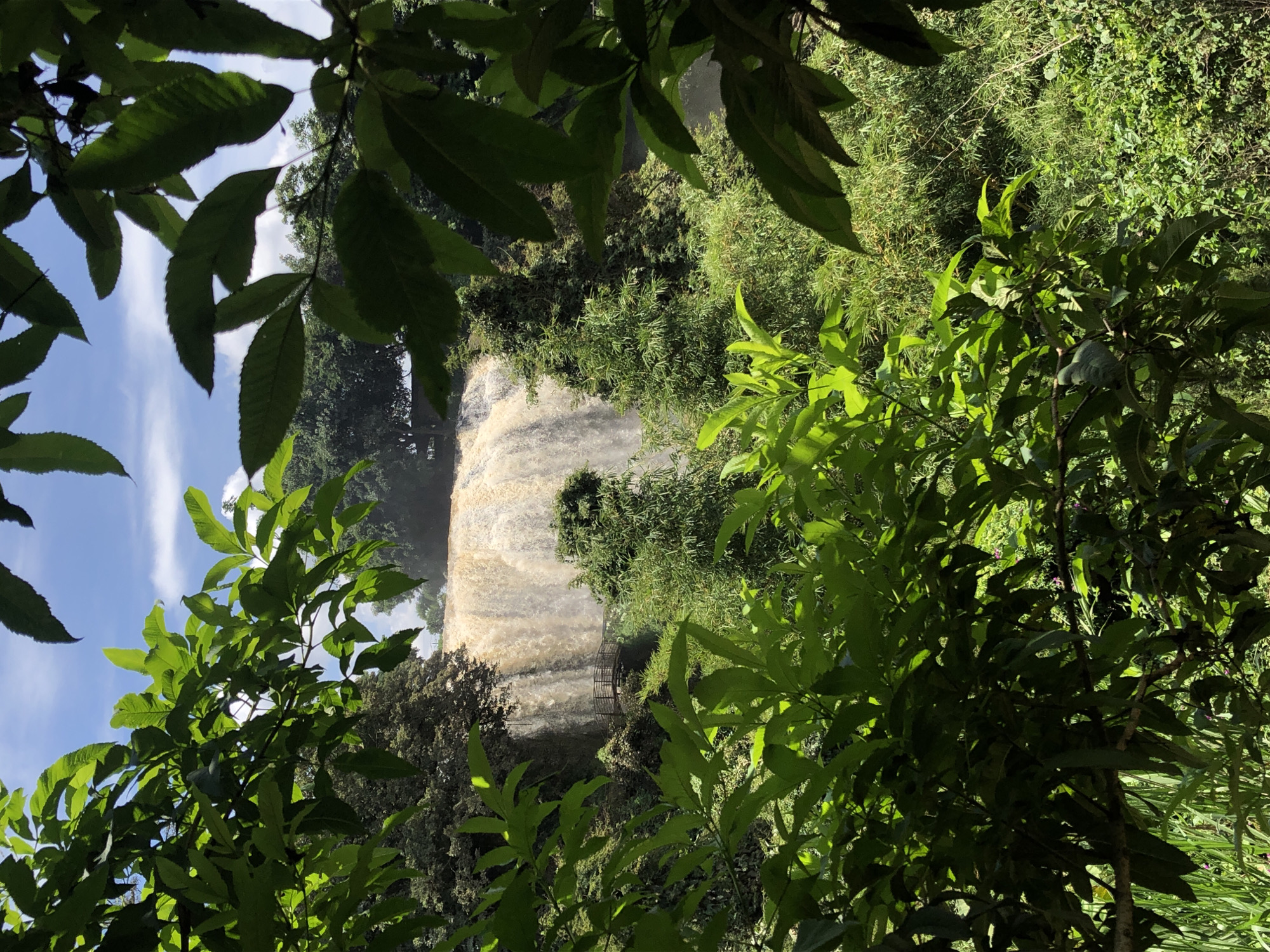 The image shows a wide, frothy waterfall cascading down a cliff face. The water is a muddy brown color, suggesting it is carrying a lot of sediment. In the middle ground, a wooden footbridge spans a portion of the cliff, with a small railing visible. The area surrounding the waterfall is lush and green, with dense foliage, tall trees, and bamboo. The foreground is dominated by large, dark green leaves, obscuring part of the view. The sky above is a bright blue with scattered white clouds. This scene is likely a natural landscape within or near Thôn 3, Vietnam, potentially a tourist attraction or a natural preserve. There are no people or animals visible in the frame.
