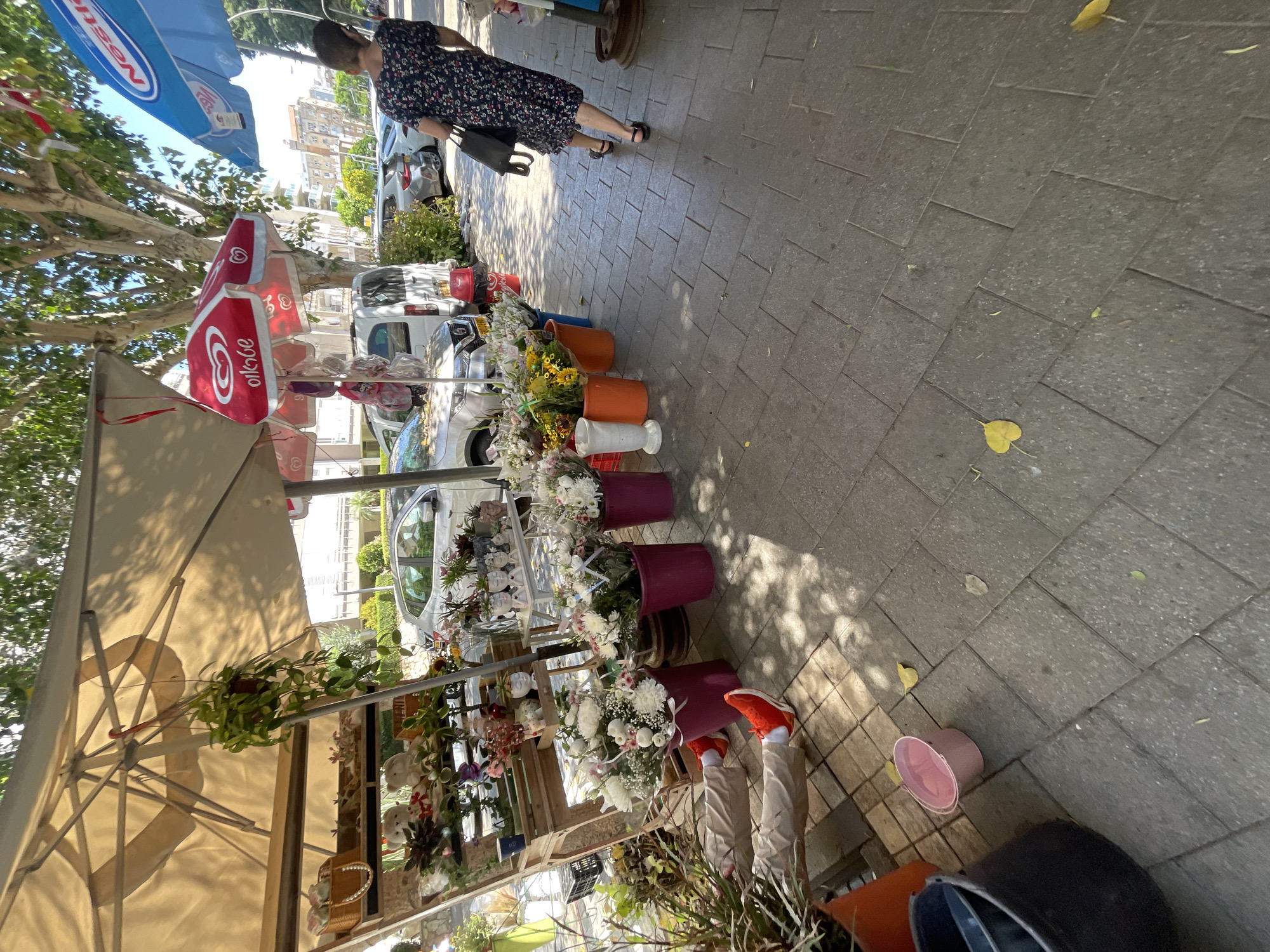 A street-level view captures a flower stand and a woman walking past it in Netanya, Israel. The flower stand displays a variety of potted plants and bouquets of flowers in colorful buckets. Behind the flower stand, parked cars and buildings are visible, suggesting an urban environment. The woman, wearing a dark floral dress and black sandals, walks away from the camera, carrying a black bag. The scene is illuminated by sunlight, casting shadows on the paved sidewalk.