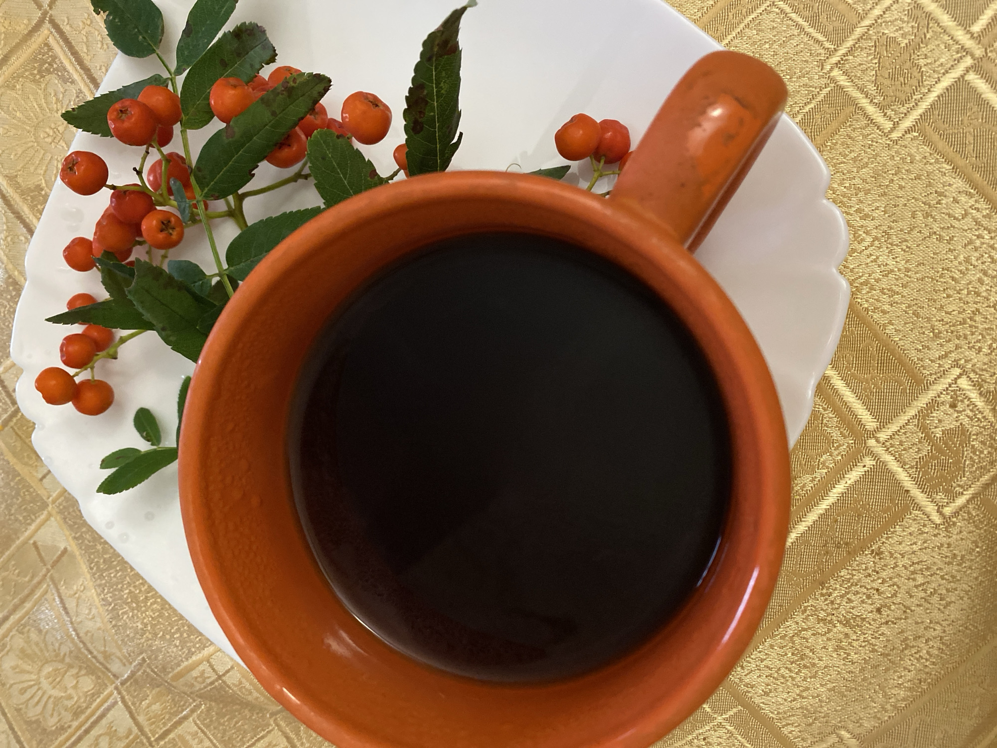 This is a close-up, overhead shot of an orange mug filled with dark liquid, likely coffee, placed on a white, scalloped plate. The plate is situated on a golden, textured tablecloth. A sprig of red berries with green leaves rests on the plate, partially overlapping the mug. The scene appears to be indoors, with the lighting suggesting it is daytime. There is no indication of the city of Lida, Belarus, or any specific location details within the image.