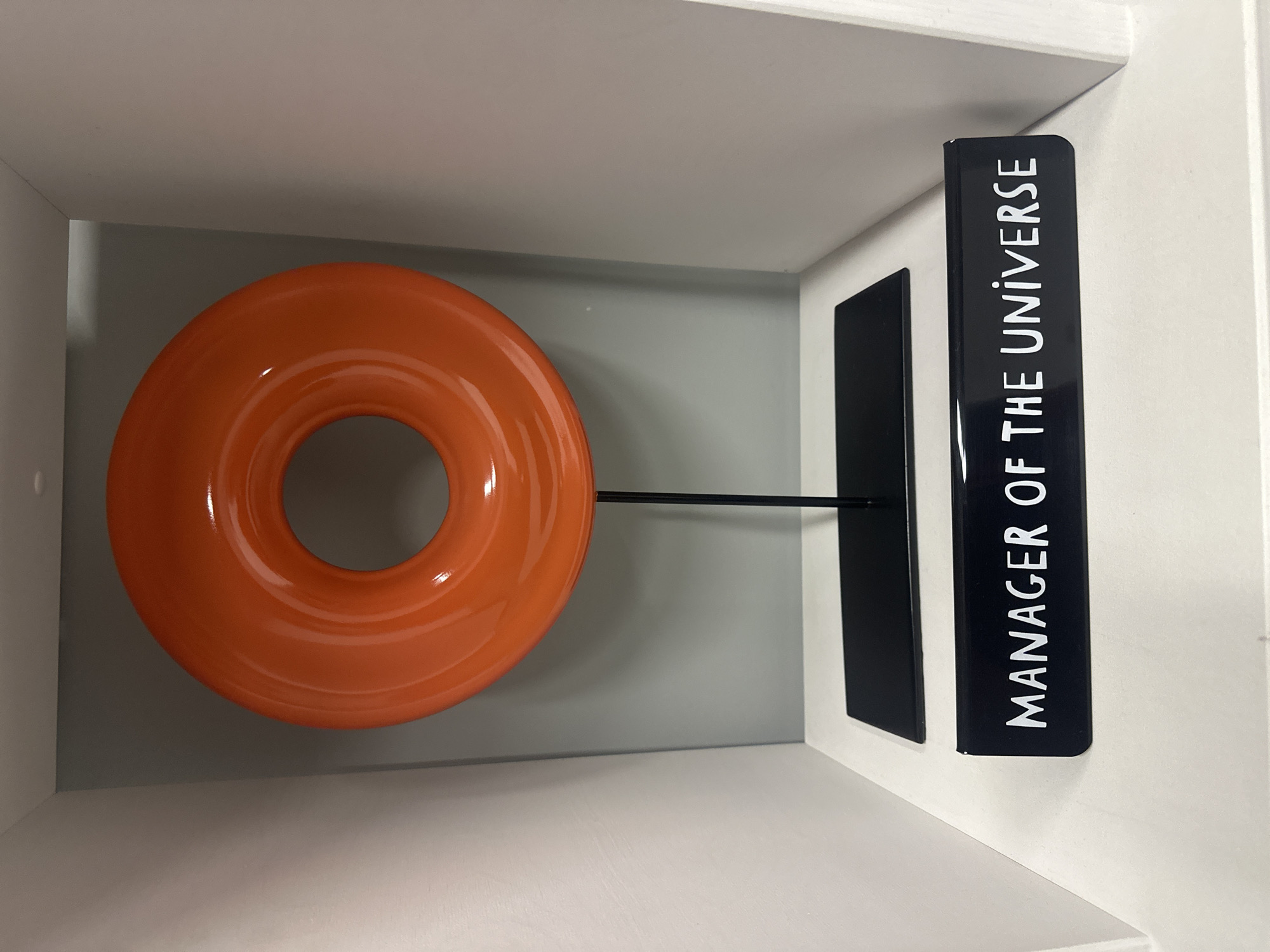 The image shows an orange, donut-shaped object with a black rod extending from its center and connecting to a black sign in a white cubicle. The sign reads "MANAGER OF THE UNIVERSE" in white, uppercase letters oriented vertically. No people are visible. The setting appears to be an indoor display or a shelf in a room with gray walls inside a white structure. There is no information in the image or provided to identify the exact location as Moscow, Russia.