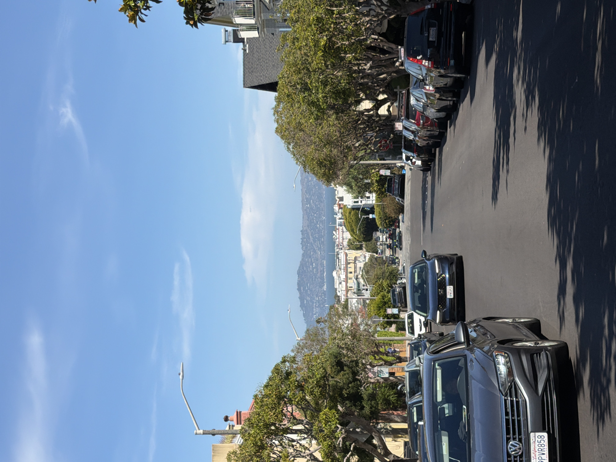 The image depicts a street scene in San Francisco, California, USA, looking down a steep, tree-lined residential street towards the bay. The foreground shows a grey Volkswagen Jetta with license plate "6PVR858" and a dark blue sedan with license plate "9MWS957". Multiple other cars are parked along both sides of the street and a few are driving down the hill. The architecture visible includes multi-story homes with pitched roofs and balconies. Lush green trees with visible branches line the sidewalk on both sides of the street, casting shadows on the asphalt. In the background, the San Francisco Bay is visible with distant hills and mountains under a clear blue sky with scattered clouds.