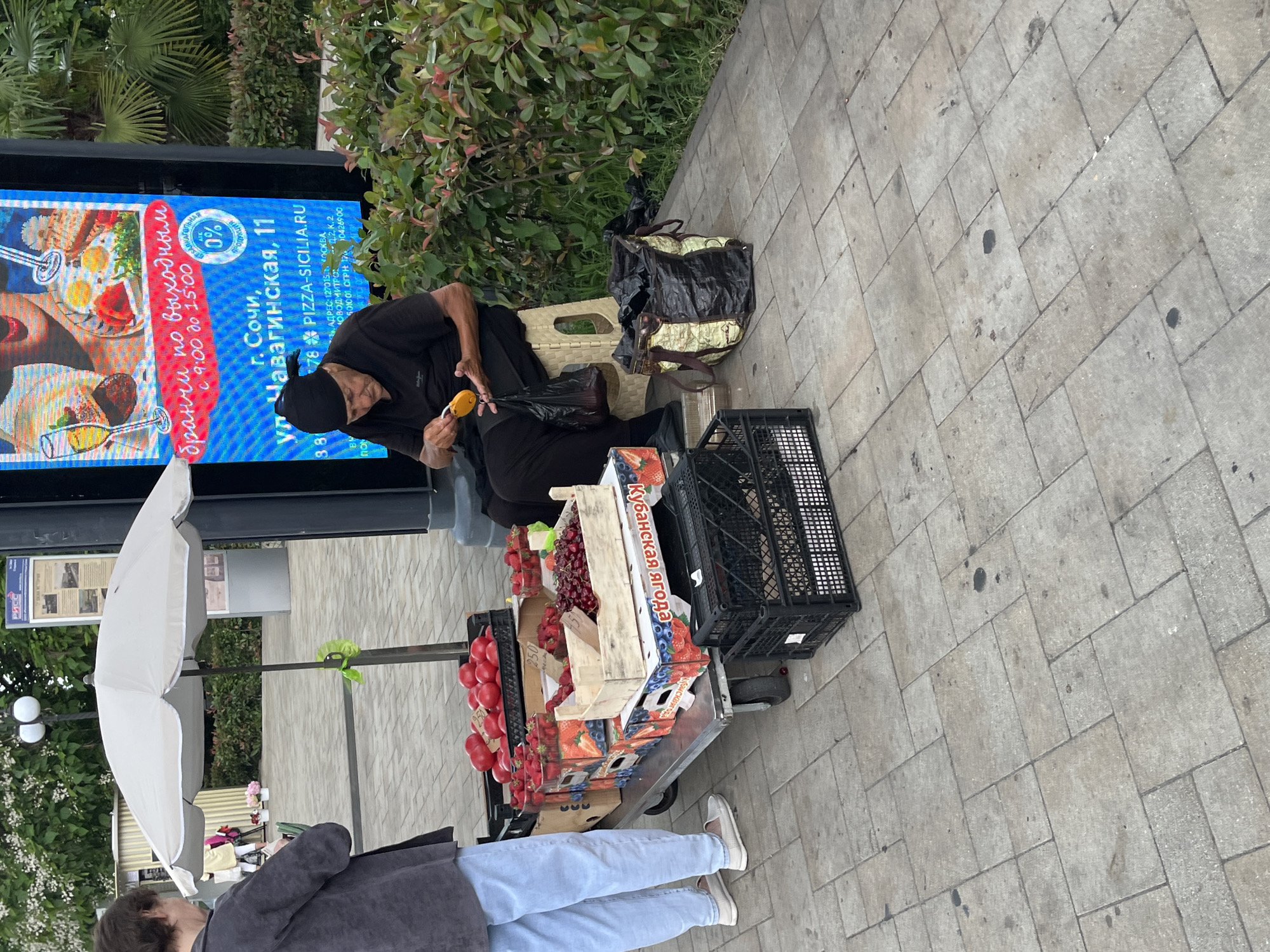 This image shows a street scene in Sochi, Russia. The main subjects are two people, one an older woman in a black headscarf and dress, and the other a person in the foreground wearing a gray jacket and light blue jeans. The older woman is seated on a folding stool next to a cart filled with fresh produce, including tomatoes and grapes. She is holding a yellow object and appears to be engaged in some activity with her hands. A large black bag sits beside her.
The scene appears to be outdoors, with a tiled walkway and green foliage visible. A large digital billboard is present on the left, displaying an advertisement for "Pizza-Sicilia.ru" in Sochi, with details about weekend brunches. The billboard also shows a discount of 0%.
The cart of fruits suggests a market or street vendor setup. A white umbrella is partially visible, possibly belonging to the vendor or a nearby stall. The weather appears to be overcast, as there are no strong shadows. The overall impression is of a casual, everyday street scene in an urban environment.
Visible text includes the URL "PIZZA-SICILIA.RU", the location "г. Сочи", and street address "ул Чавагинская, 11". There is also text indicating "бранчи по выходным" (brunches on weekends) and operating hours.