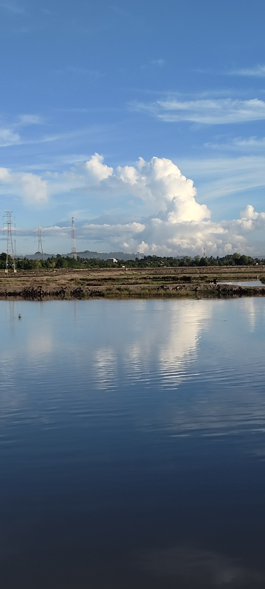 The image captures a serene landscape in Lhokseumawe, Indonesia, dominated by a vast expanse of water in the foreground, reflecting the sky and the surrounding environment. The water's surface is disturbed by gentle ripples, creating a textured pattern.
In the mid-ground, a fertile landscape unfolds. Patches of cultivated land, possibly rice paddies or agricultural fields, are visible, separated by earthen berms. Scattered across these fields are several objects and figures. Among them are power transmission towers, tall structures made of metal, with wires stretching between them, indicating the presence of electricity infrastructure. A distinctive red and white communication tower also stands out, piercing the skyline. Various small structures, likely buildings or shelters, are interspersed throughout the landscape. Several animals, possibly livestock like buffalo or cattle, are present, grazing or resting in the fields. A lone white bird is also visible near the water's edge.
The background features a line of lush green trees and undulating hills, creating a sense of depth. The sky above is a vibrant blue, adorned with dramatic white cumulus clouds that are illuminated by the sun, casting subtle shadows and adding to the overall beauty of the scene. The reflection of these clouds in the water below is particularly striking, creating a mirror image that enhances the symmetry of the composition.