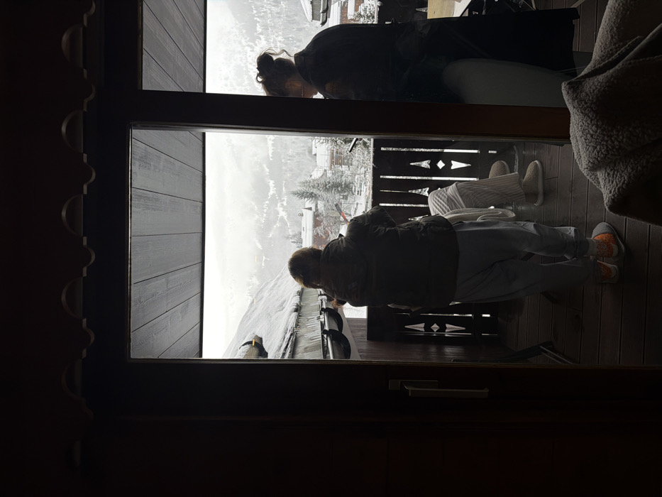The image depicts a snowy outdoor scene viewed from inside a room with a dark wooden door frame on the left. Two individuals are present on a dark wooden balcony. One person, positioned centrally with their back to the viewer, wears a dark puffer jacket, light grey sweatpants, and distinctive orange and grey socks or slippers, appearing to look out at the landscape or interact with an object held in their hands. To their right, a second individual is partially visible, seemingly seated or leaning on the balcony, dressed in light-colored striped pants or pajamas and light brown fuzzy slippers.
The balcony features a dark wooden railing with decorative cutout elements and dark wooden floorboards. Above the balcony, snow and icicles are visible on the edge of a roof and gutter. Beyond the balcony, a winter landscape unfolds under an overcast sky. Snow-covered mountains and hills dominate the background, interspersed with numerous snow-laden coniferous trees. In the mid-distance, several chalets and buildings with snow-covered roofs are scattered across the terrain, indicating a village environment. The scene is located in the city of Les Allues, France.