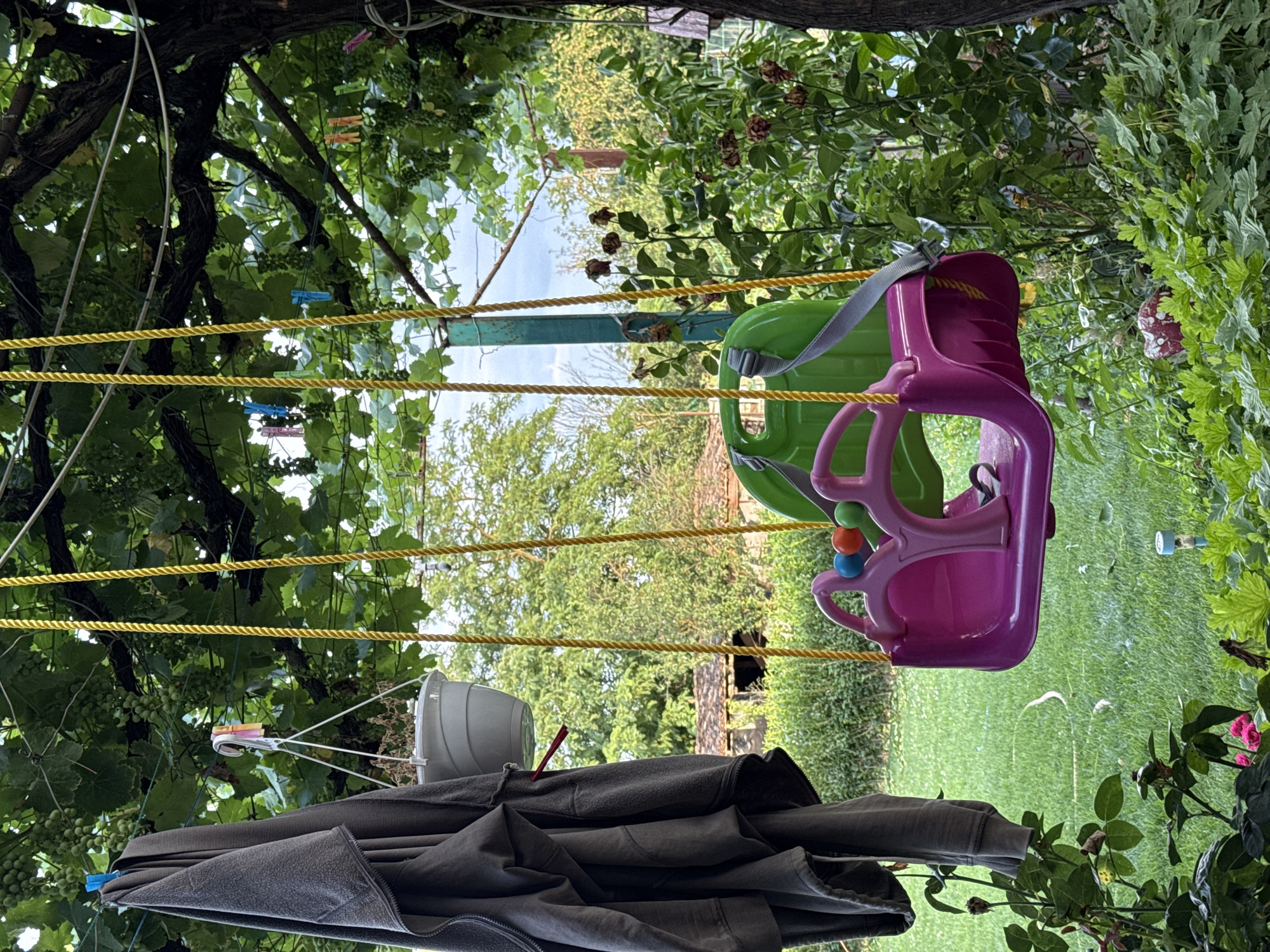 The image depicts a child's swing set hanging from a tree branch, with lush green foliage surrounding it. The swing itself is a vibrant pink and green, with yellow ropes. A gray jacket is hung to dry on a clothesline to the left of the swing, secured by blue clothespins. Further in the background, a garden area is visible, with a few buildings and trees under a bright sky. The scene is likely captured in Sarnevo, Bulgaria, given the context provided.