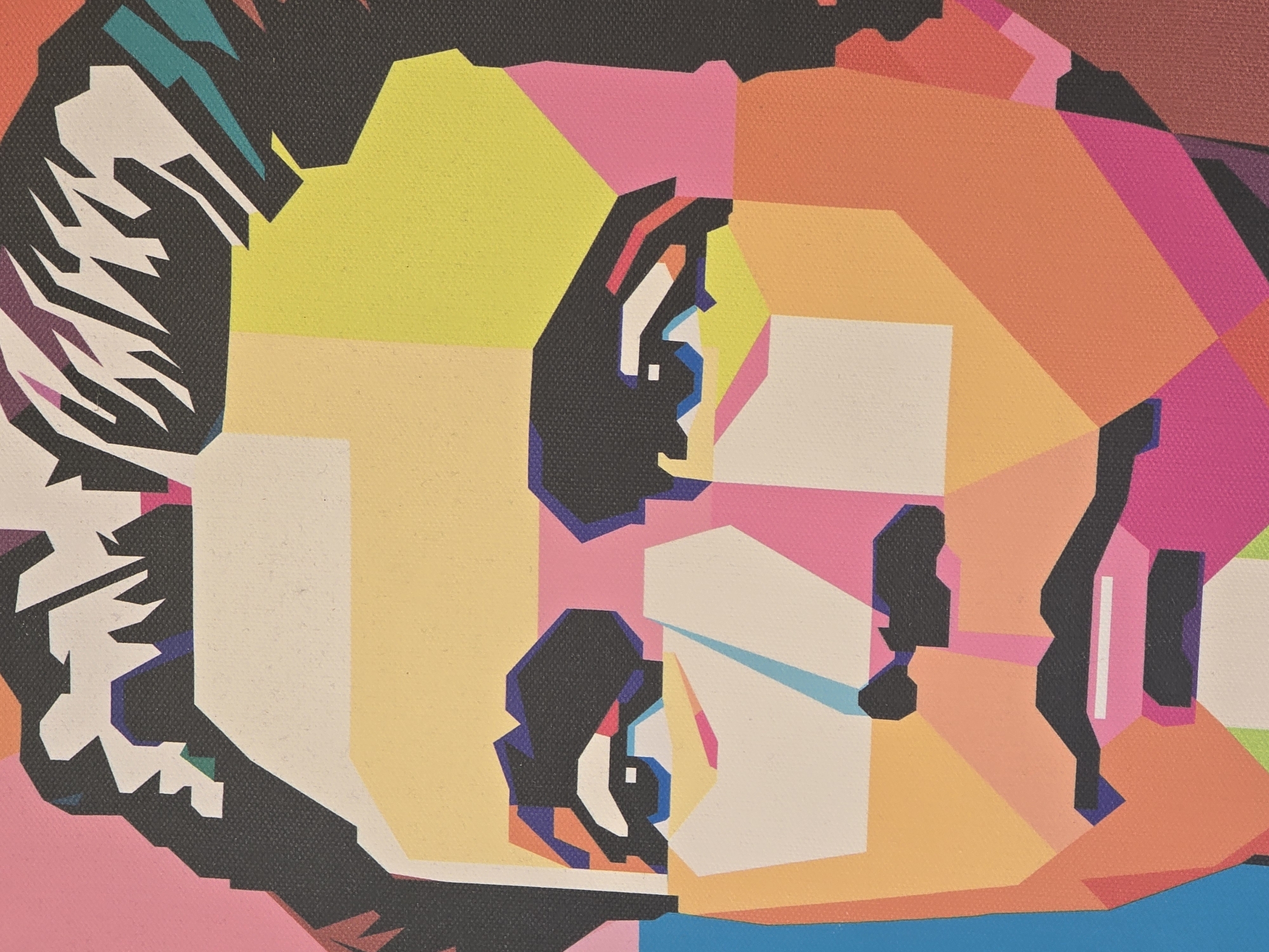 The image is an abstract, geometric representation of a face. The face is composed of various polygonal shapes filled with flat colors like yellow, orange, pink, and black. The shapes roughly define facial features such as eyes, nose, and hair. The style resembles pop art with its bold colors and simplified forms.