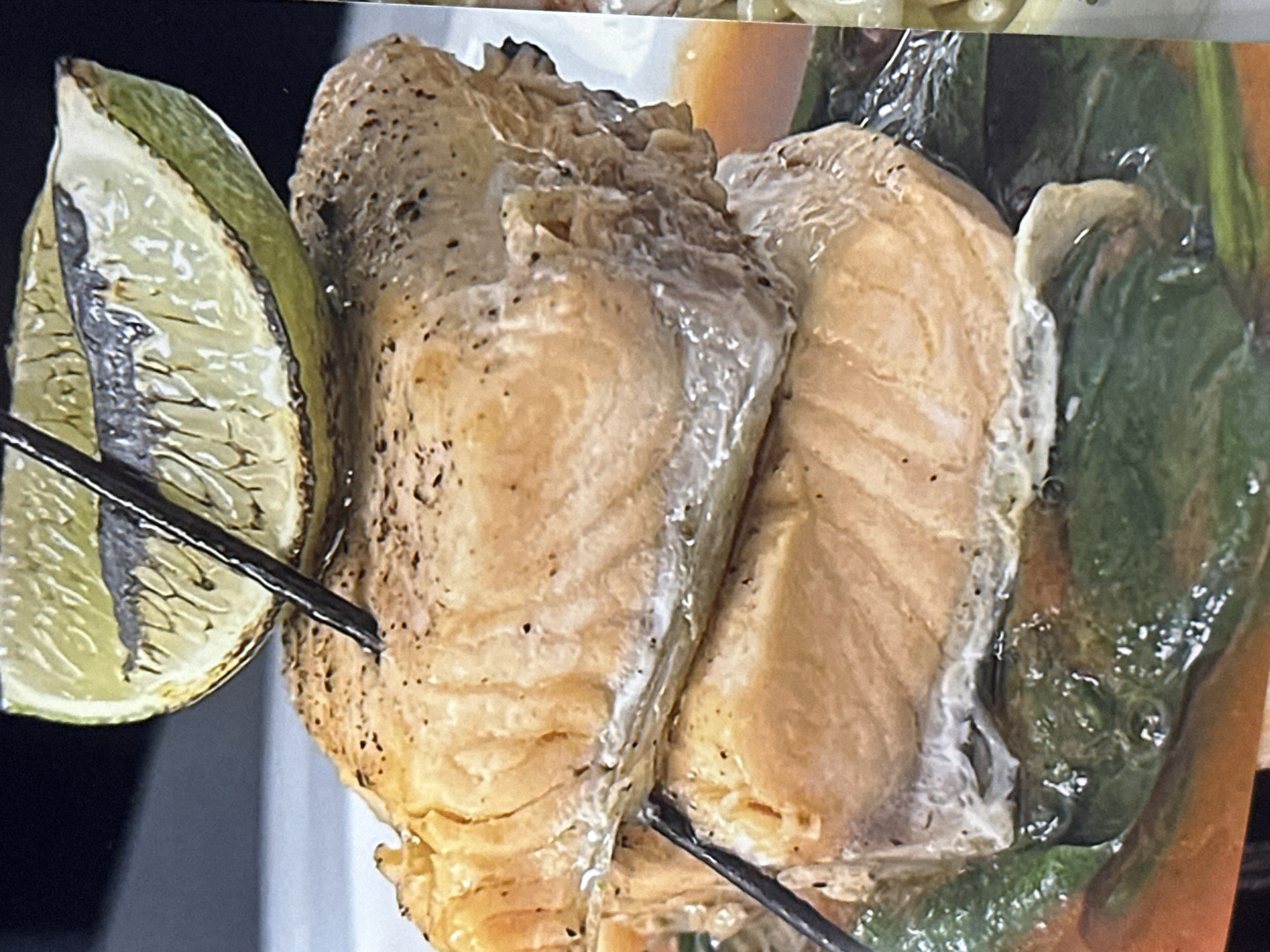 A close-up photograph depicts cooked salmon skewers featuring a lime wedge on one end and what appears to be a green vegetable, possibly a pepper, on the other. The salmon has a golden-brown surface, suggesting it has been grilled or pan-fried. The skewers appear to be metallic. The shot is tightly framed, with limited background details. There is no indication of the location being Новоглаголево, Russia.