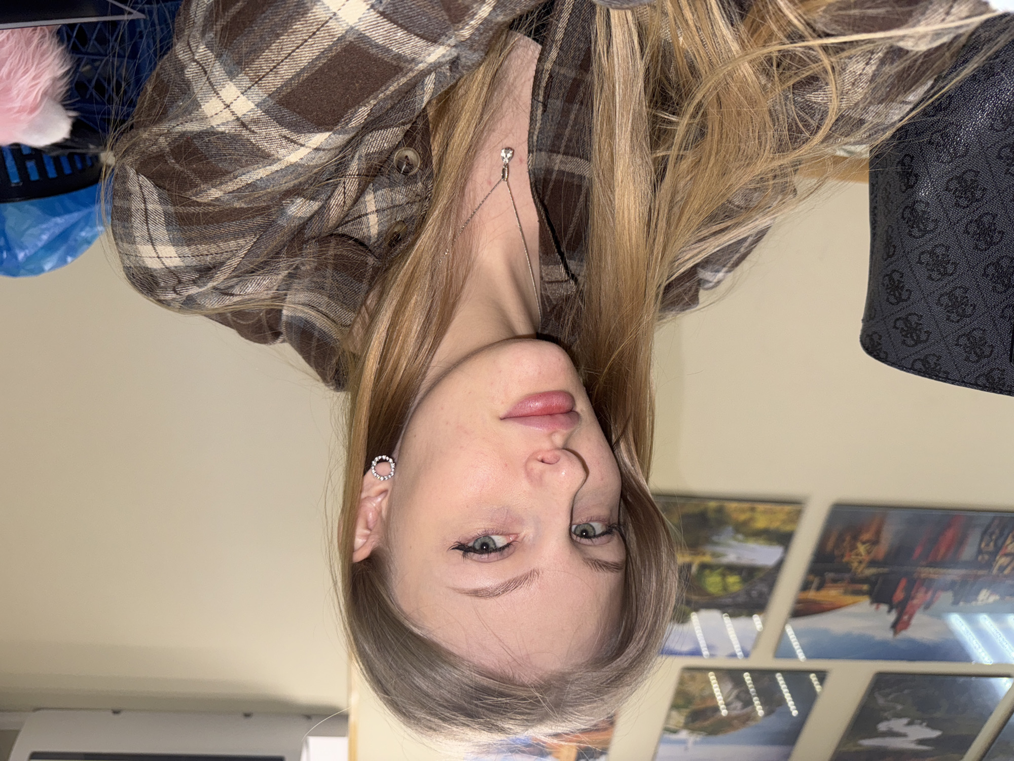 A portrait-style photo features a young woman with long, straight light brown hair, parted on her left side, looking directly at the camera. She has light-colored eyes and a neutral expression, with her lips slightly parted. She is wearing a brown and beige plaid button-up shirt. A delicate silver chain necklace with a small clear gem pendant is visible on her neck, and she wears a circular stud earring with small clear gems in her left ear.
To the upper left of the woman, a blue plastic bag and a pink fluffy object are partially visible, possibly in a basket or container. To her right, a black bag with a repeating monogram pattern (resembling a designer logo) is seen. The background consists of a light-colored wall with several framed pictures, which appear to be landscape or city scene prints, arranged on it. A bright light source, possibly LED strips, is visible above these frames. The scene takes place indoors. The woman is posing for the photograph.