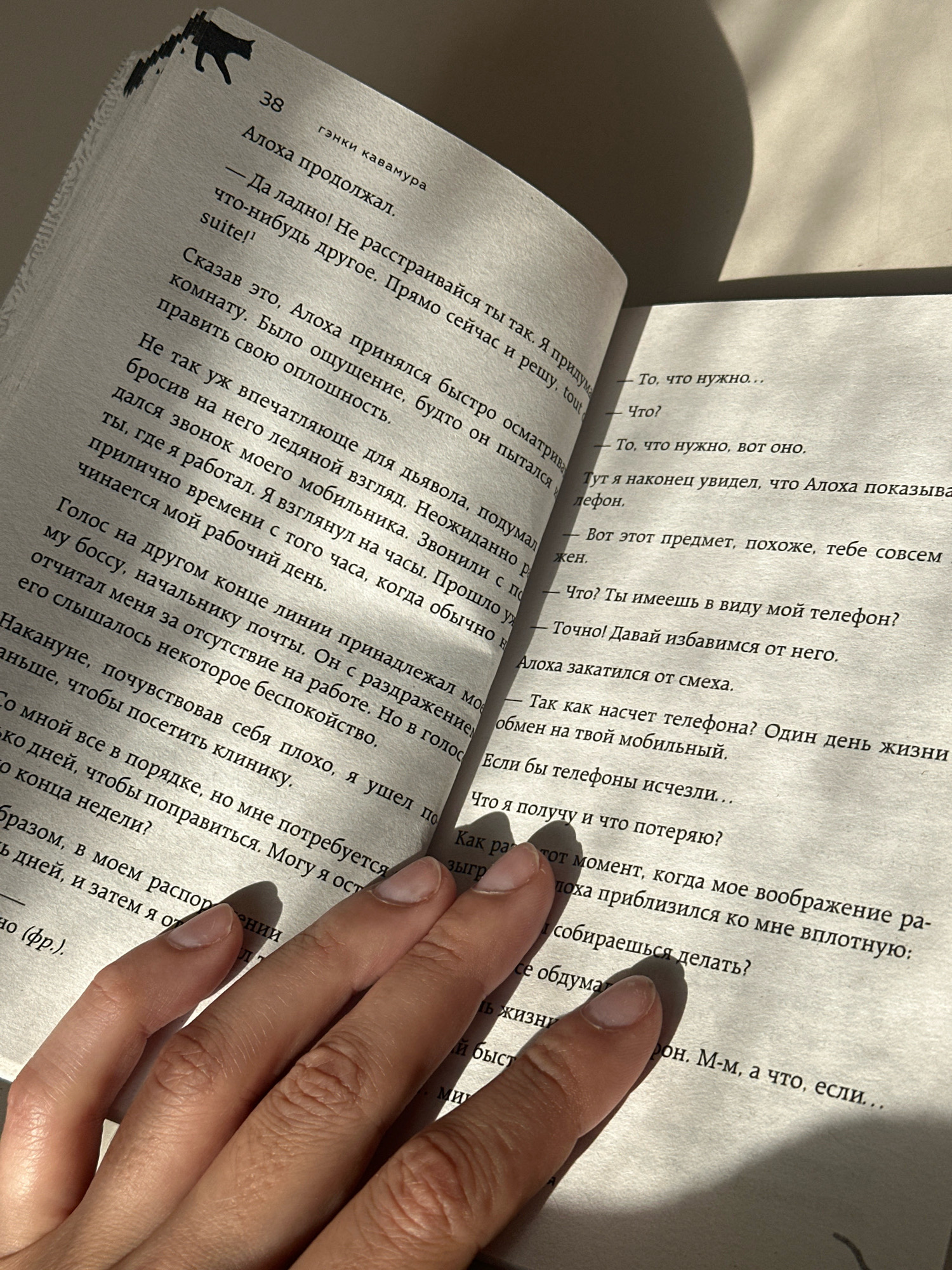 The image shows a close-up of an open book with Russian text, held by a person's hand. The book is on a light-colored surface, possibly a table, and is illuminated by sunlight casting shadows. A black silhouette of a cat is visible on the top left corner of the book's page. The text on the left page discusses an action taken by a character named Aloha, while the right page contains dialogue. The scene appears to be indoors, with no discernible elements linking it to the city of Gyumri, Armenia.